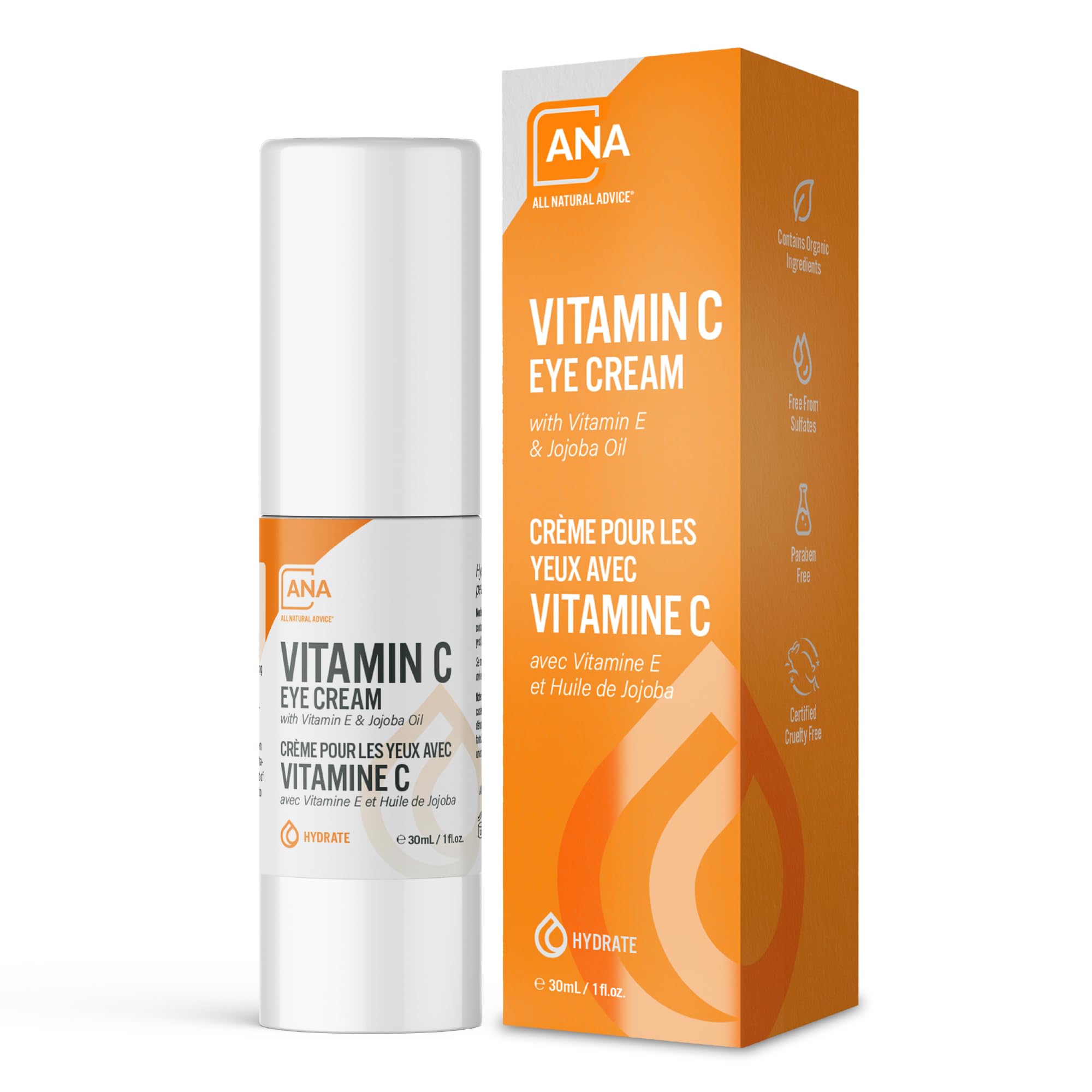 All Natural Advice Vitamin C Eye Cream 30mL with Organic Botanicals, Hyaluronic Acid & Vitamin E | Lightweight Dark Circles Under Eye Treatment | Airless Bottle & Pump | Canadian Skin Care