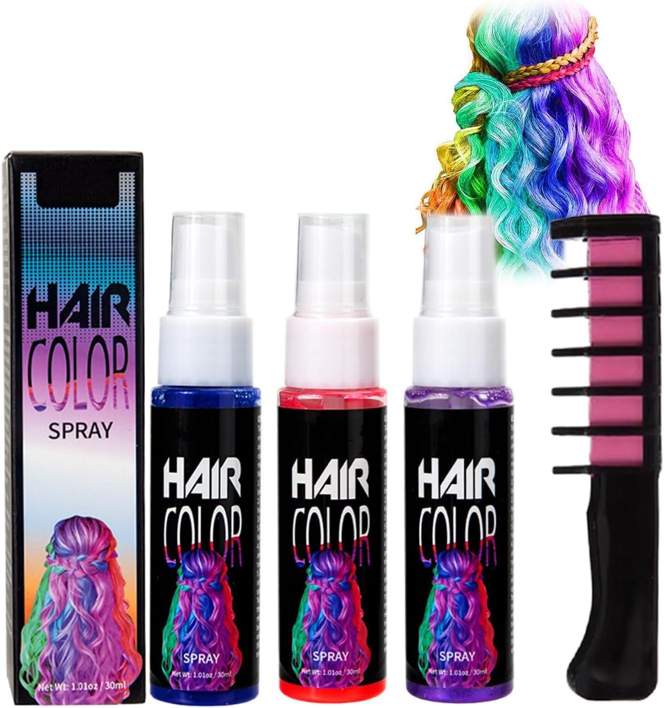 3PCS Hair Spray Colour and Pink Dye Comb, Temporary Hair Colour Spray for in Blue, Red, and Purple, Easily Washable
