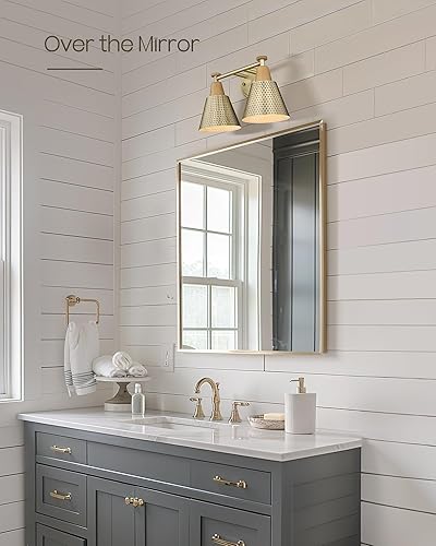 Miniatura 2 de FEMILA Lámparas de baño, luces de tocador de baño de 2 luces sobre espejo, apliques de pared de latón antiguo, pantalla de metal martillado,