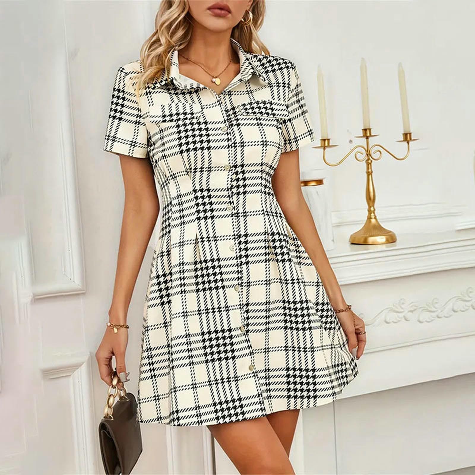 Letnia sukienka damska Lapel Short Sleeve Button Print Koszula sukienka rekreacyjna talia sukienka morelowa XL