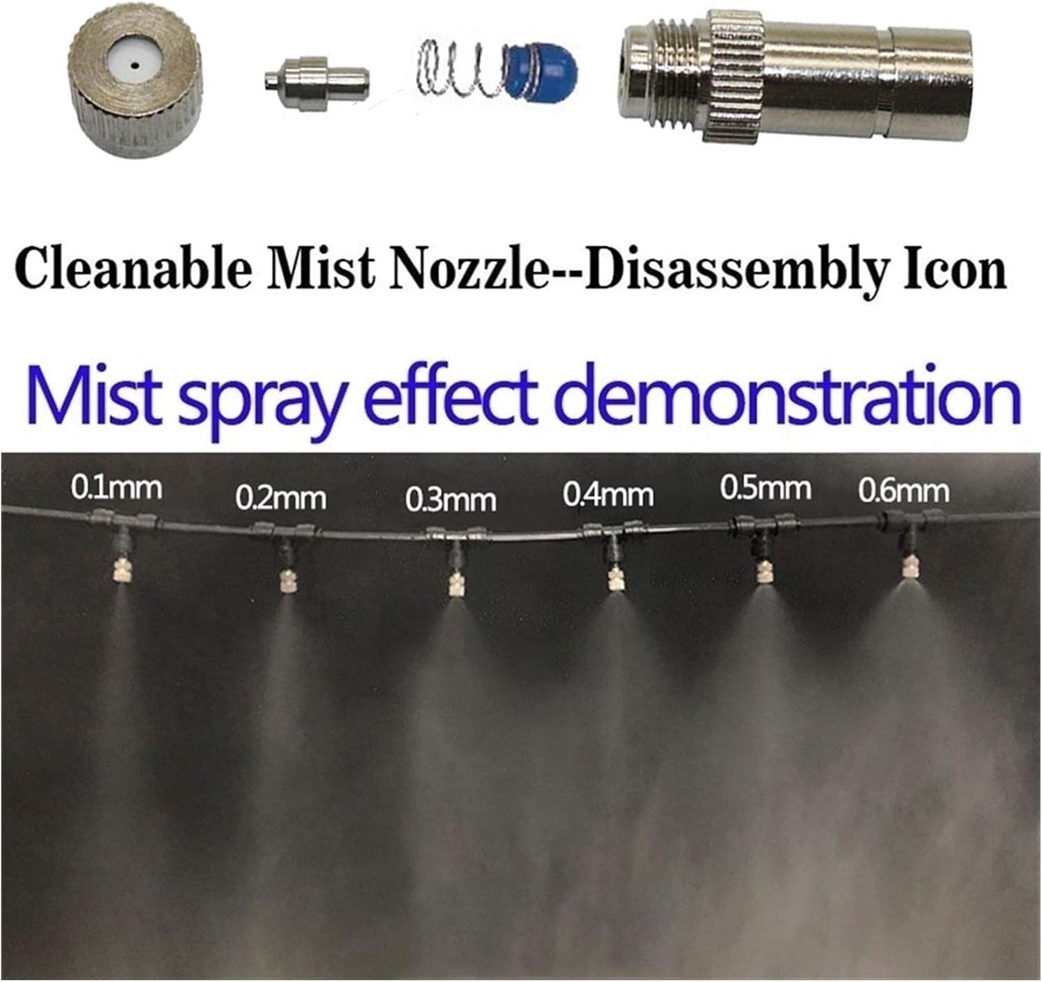 100pcs Misting Nozzles for Cooling System, 6mm Quick Connect Mister Heads, Water Mister Nozzles, Stainless Steel Sprinkle Fog Nozzles for Patio Garden 0.004-0.024Inch Sprayer Irrigation Tool Kit