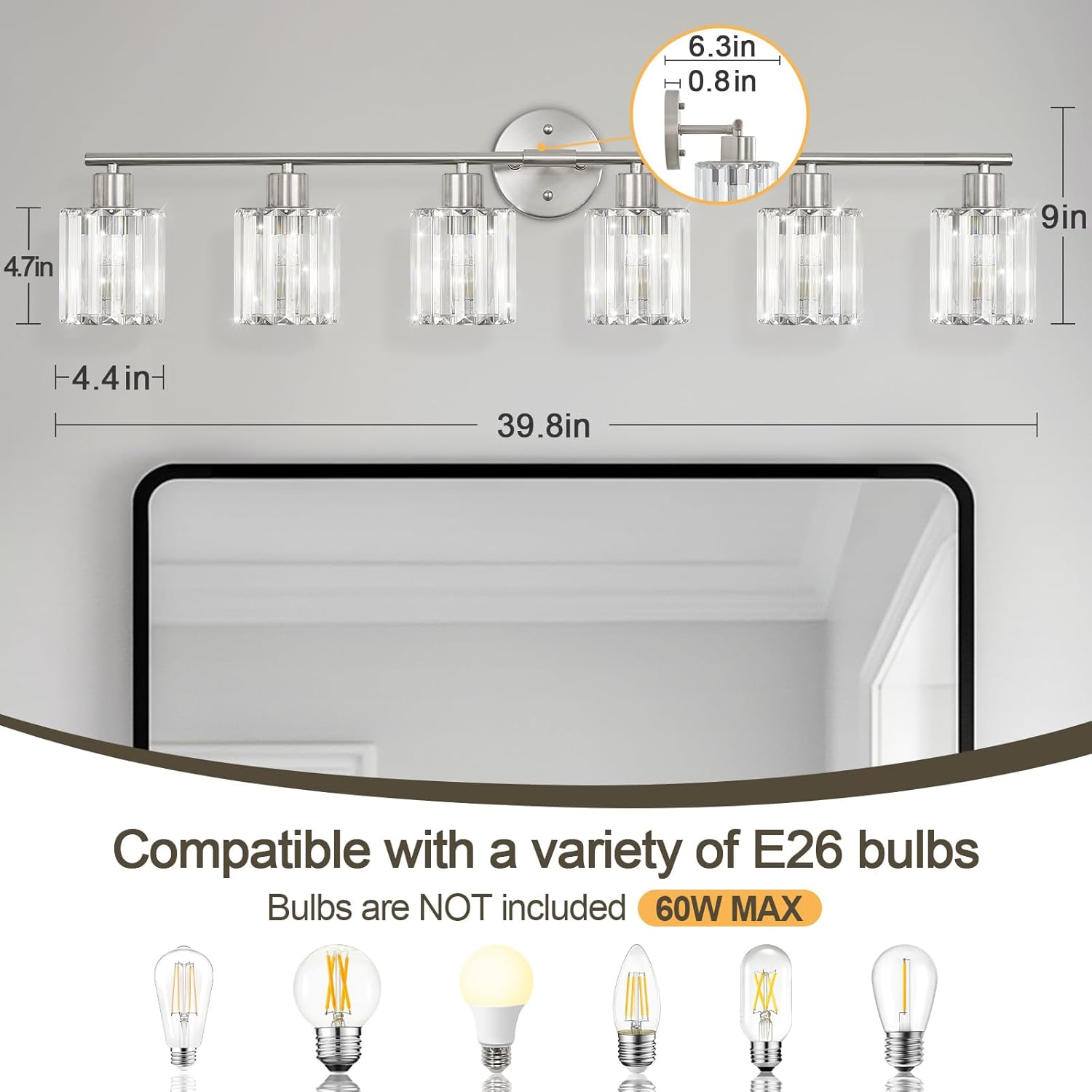 Crystal Bathroom Light Fixtures,Bathroom Lighting Fixtures Over Mirror, Modern 6-Light Brushed Nickel Vanity Lights for Mirror, Restroom,Kitchen(Ceramic E26 Socket,Bulbs Not Include)