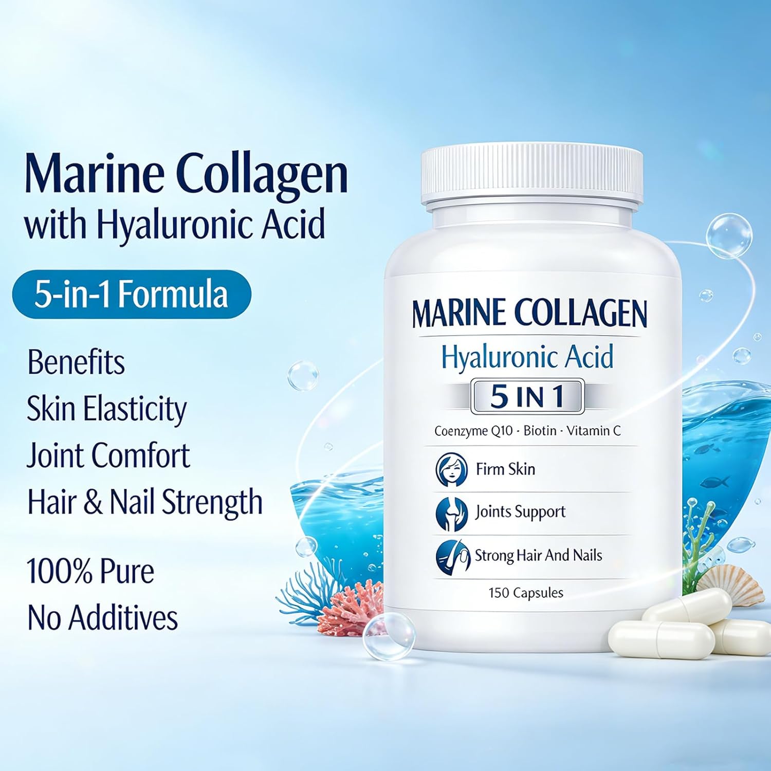 Colágeno Marino + Ácido hialurónico, 5 in 1 Premium Formula, 150 Capsules, for Skin Hair Nails Health, Hydrolyzed Collagen Type I with CoQ10 Biotin Vitamin C