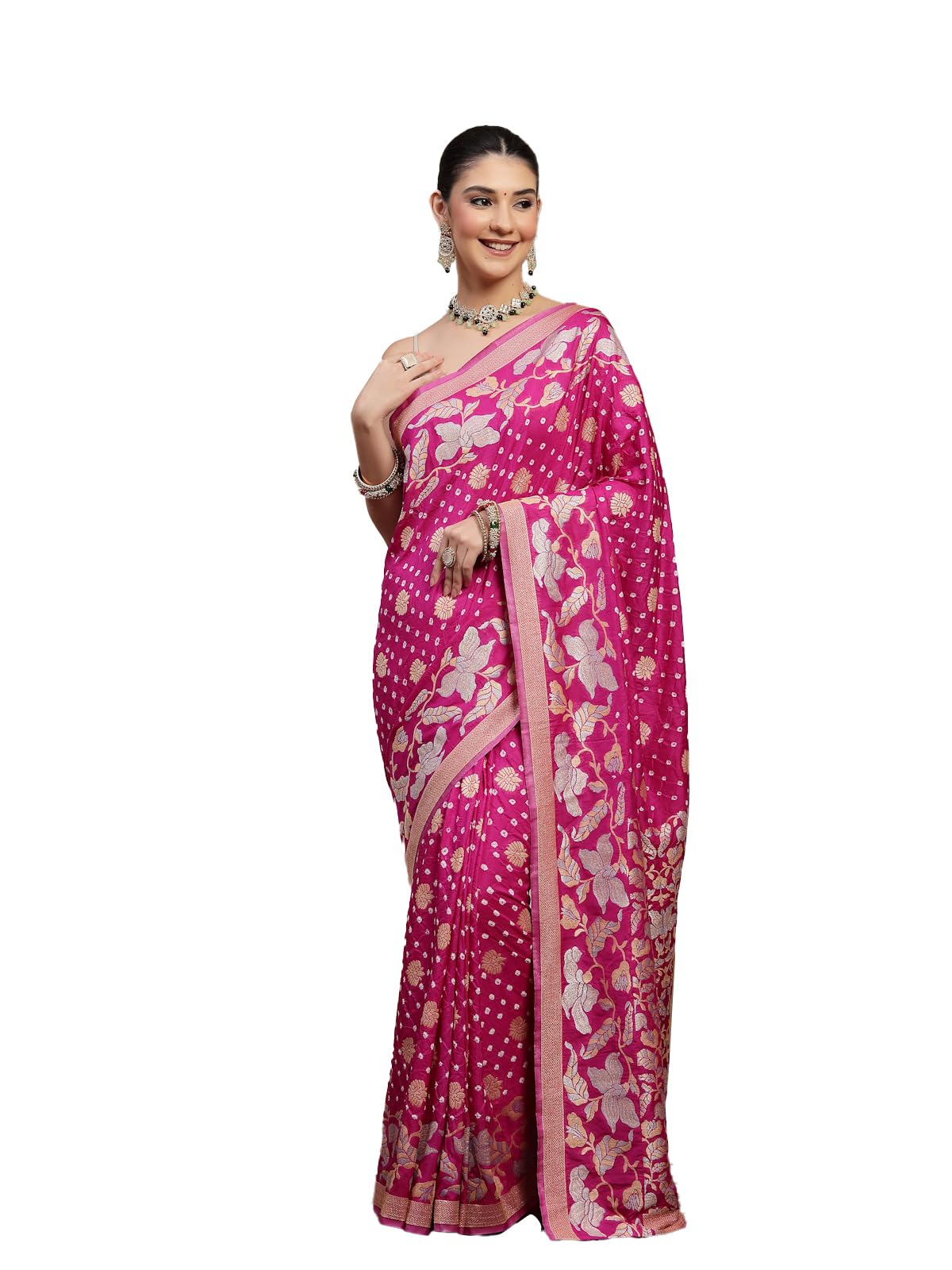 Womens Pure Banarasi silk Saree with Bandhani & Floral Zari Weaving with Unstitched Blouse-image-39
