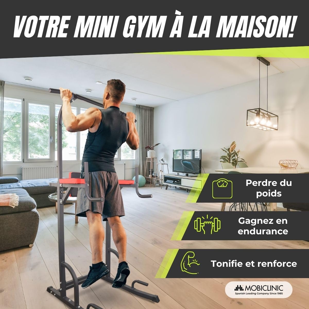 Mobiclinic®, Chaise Romaine Musculation, Réglable sur 8 Hauteurs, Power Tower Dip Station, Dossier Réglables, Tour de, Robuste, Sport Maison, Traction, Pull Up, Multifit