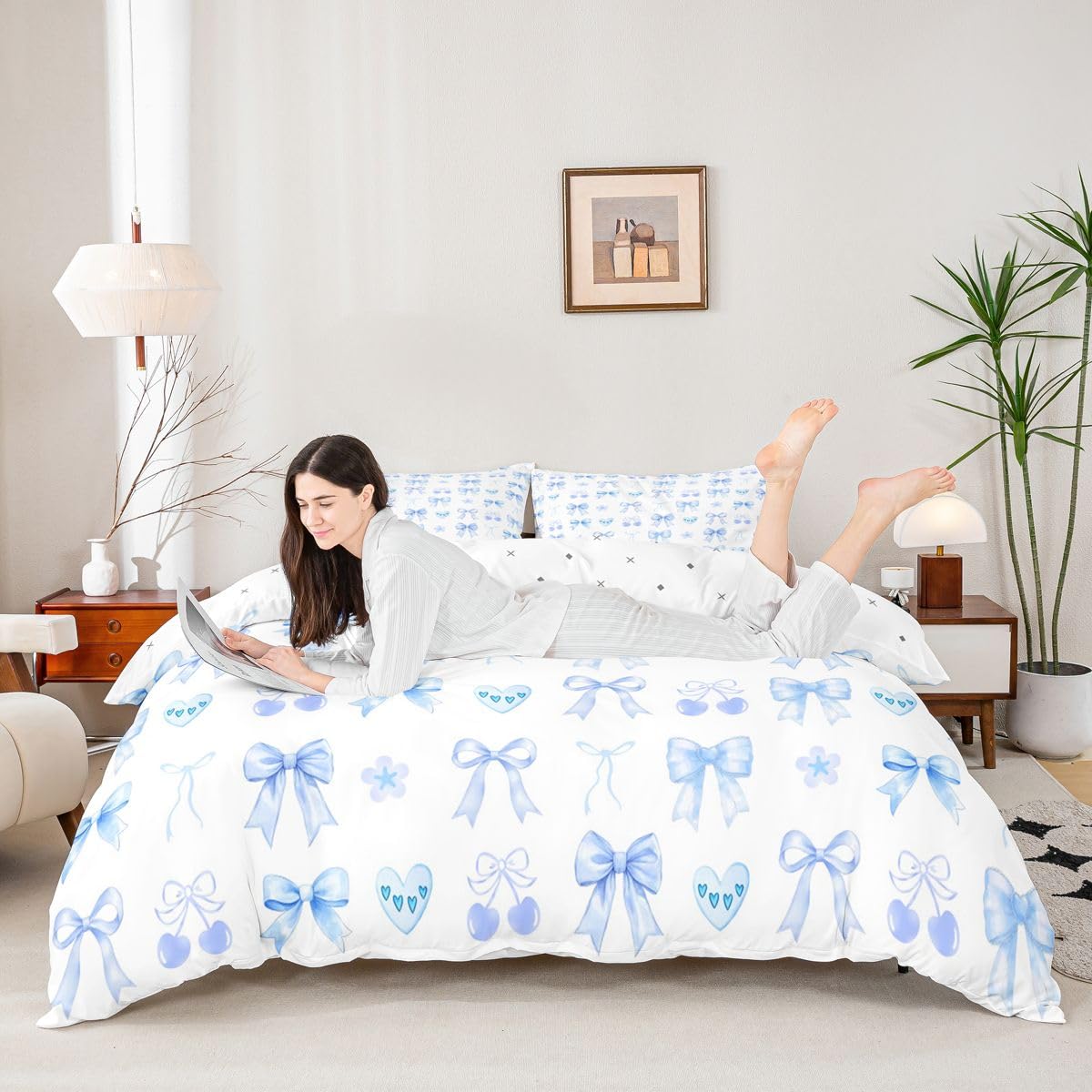 Homewish Blue Cherry Bow King Size Zestawy poszewek na kołdrę dziewczęca urocza pościel w kształcie serca dla dorosłych nastolatków kobiet urocza wstążka kokardka poszewka na kołdrę miłość walentynki