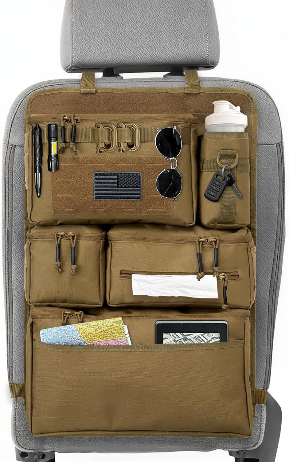 Tactical Seat Back Organizer - Heavy Duty MOLLE Panel Organizer with Multiple Pockets & Hook Loop Panel for EDC Gear, Road Trip Essentials, Universal Fit for Car SUV Truck Jeep Ford(Black)​