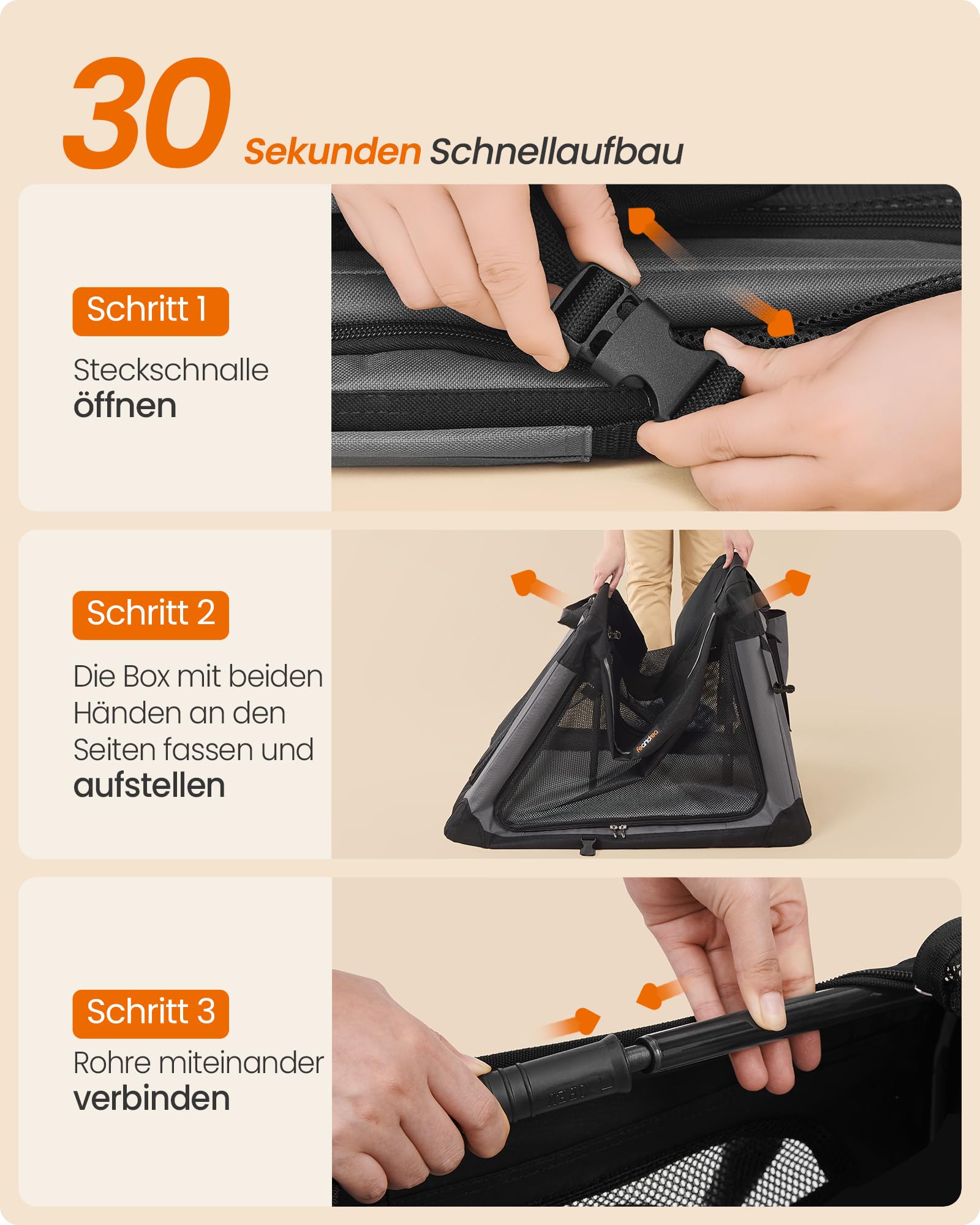 Feandrea Hundebox faltbar, 106,7 cm Transportbox für große Hunde, Hundetasche, Oxford-Gewebe, mit 4 Türen aus Netzstoff, Griffen, Taschen für Futter und Wasserflasche, tintenschwarz PDC021B01