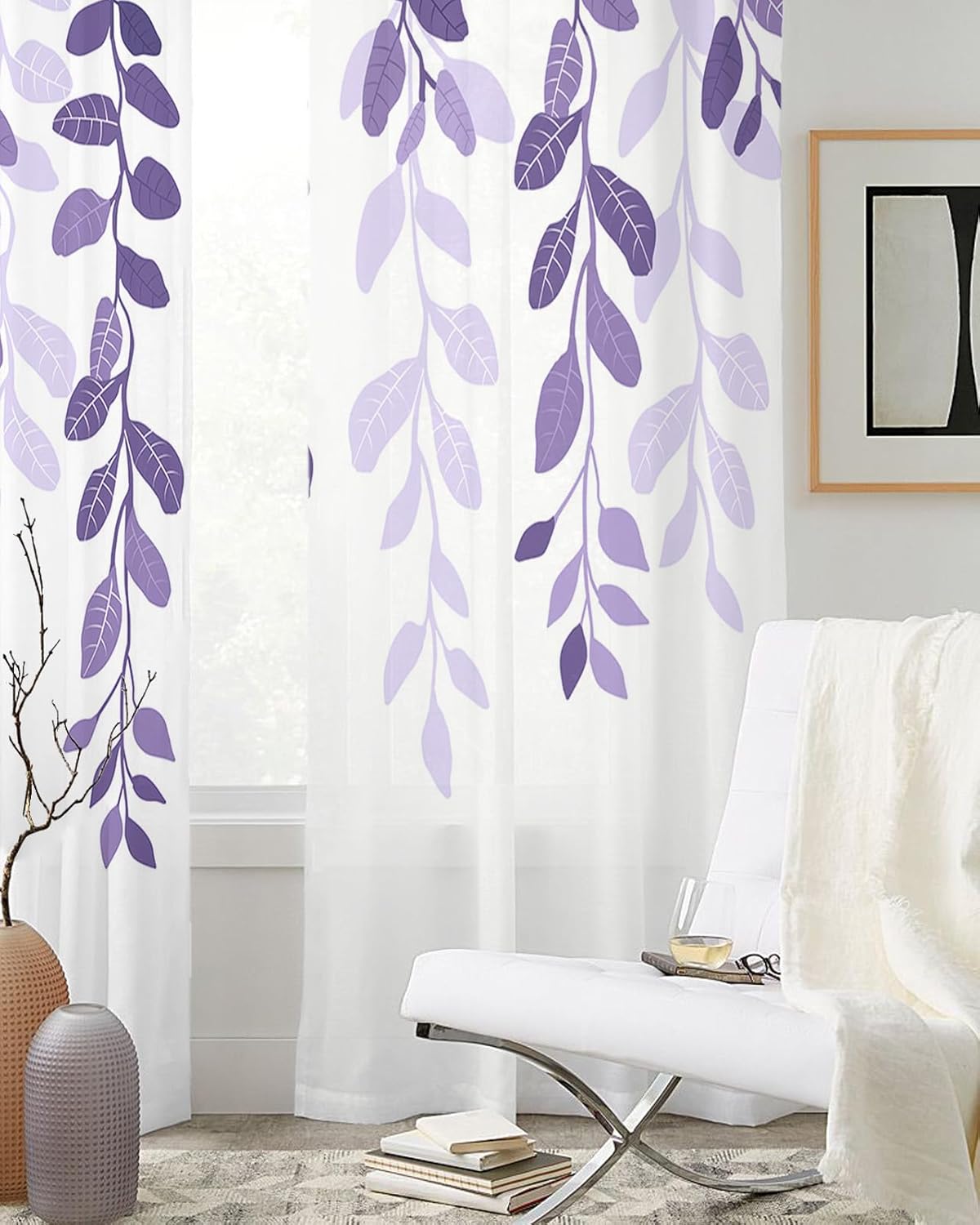 Purple Leaves Sheer Curtains 84 Inch Length 2 Panels Set, Grommet Kitchen Curtains Sheer Window Curtain for Living Room Bedroom Light & Airy Privacy Drapes Fall Botanical Plant Geometric Texture