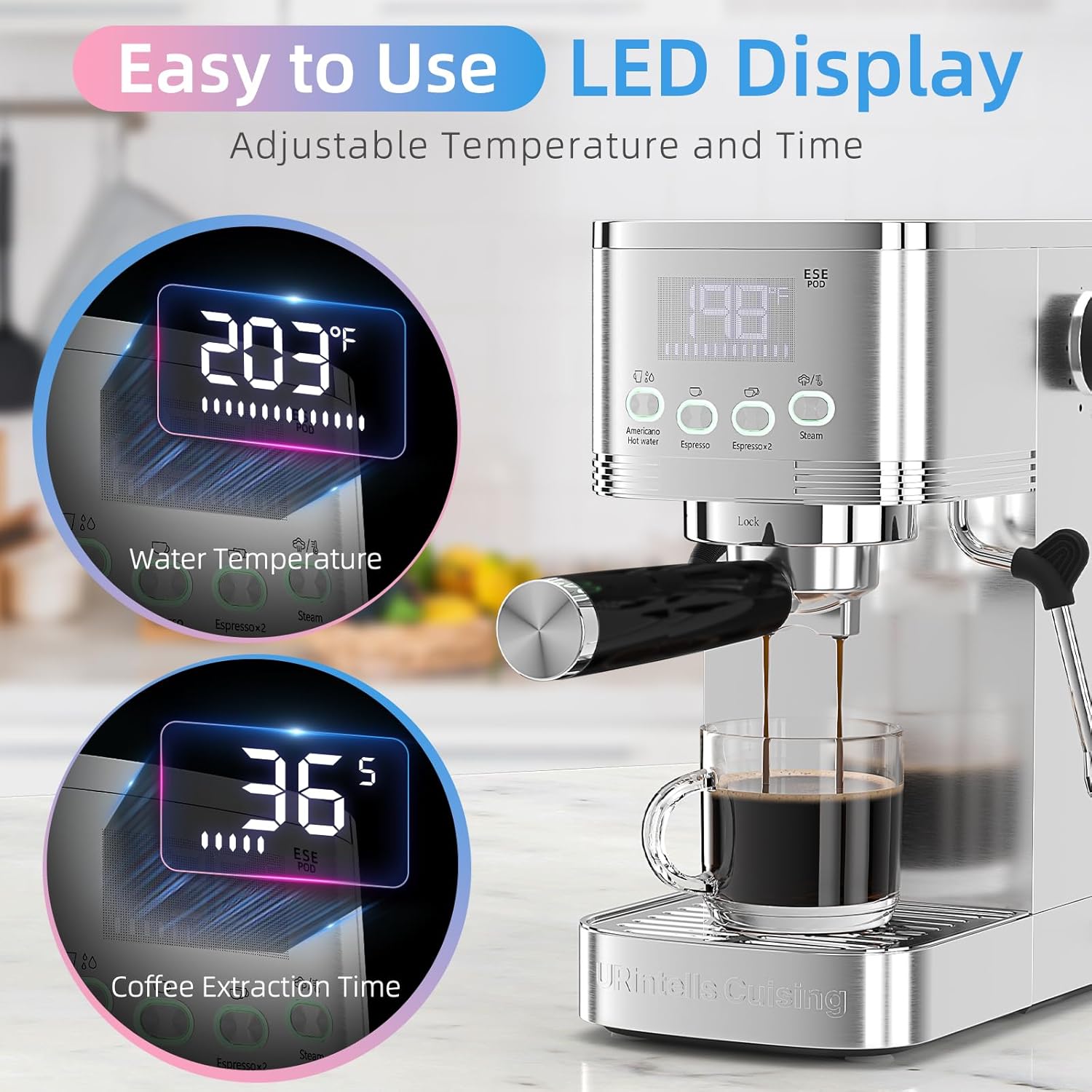 Espresso Machine 20 Bar Stainless Steel Espresso Maker with Powerful Steam Frother, Adjustable Temperature Time LED Display Compact Coffee Machine for Cappuccino, Latte, Americano