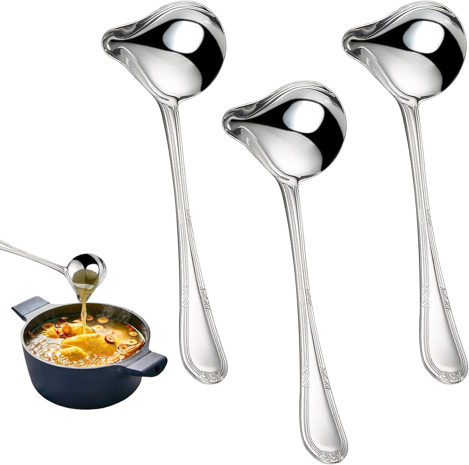 3 St ck So enkelle mit Ausgie er Saucenkelle Aus Edelstahl 20cm Smooth Saucenl ffel Silver Poliert Rutschfester So enl ffel f r Dressings Suppenso en Bratenso en