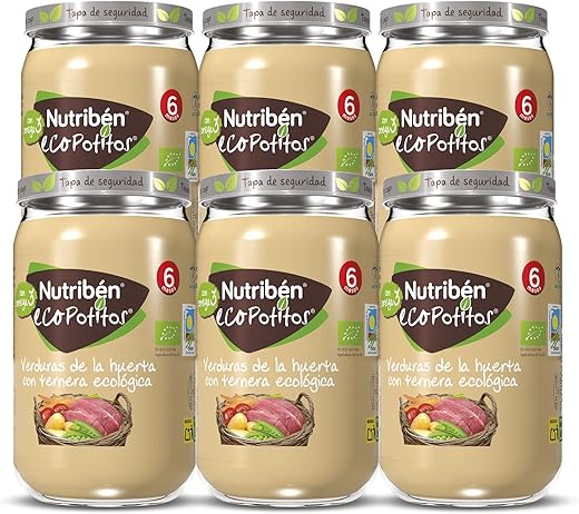 Nutribén EcoPotitos De Verduras de la Huerta con Ternera - Ingredientes ecológicos- Desde Los 6 Meses, Pack de 6 x 235 gr.