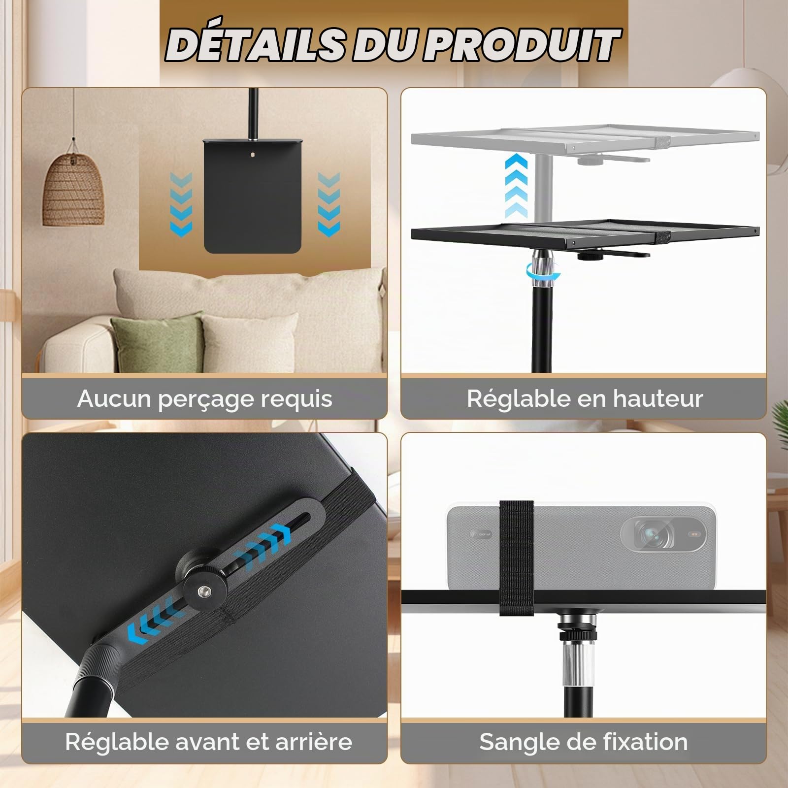 Support de projecteur, pour lit et canapé, longueur du support réglable 24 à 41 cm, design caché, compatible avec 99 % de projecteurs XGI-MI Nebu-la Van-KYO Ep-Son (24 à 41 cm)