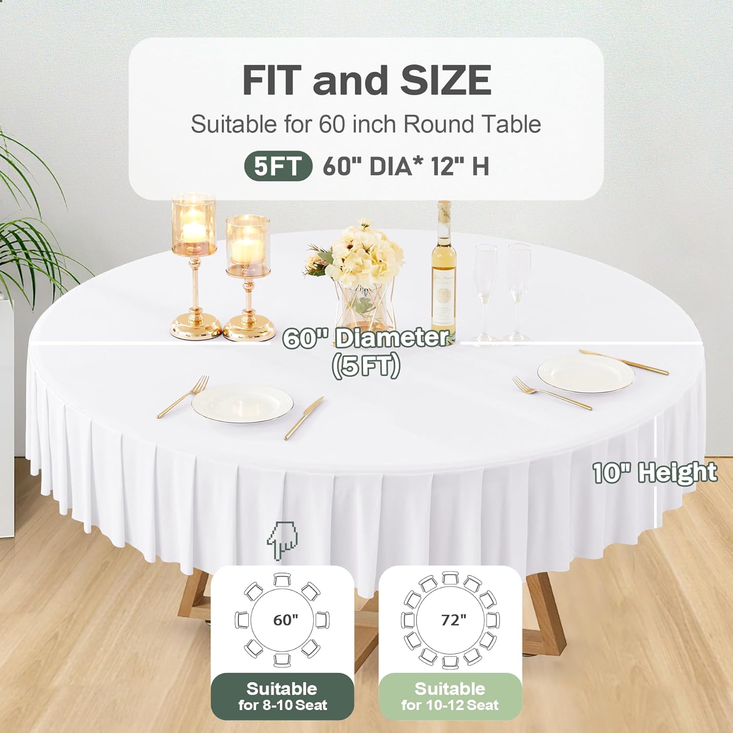 PARTISKY 1 Pack White Round Spandex Tablecloths for 60 inch Table, Wrinkle Free 5FT Round Table Cloths Stretchy Fitted Table Cover with Skirt for Wedding Birthday Graduation Party Banquet
