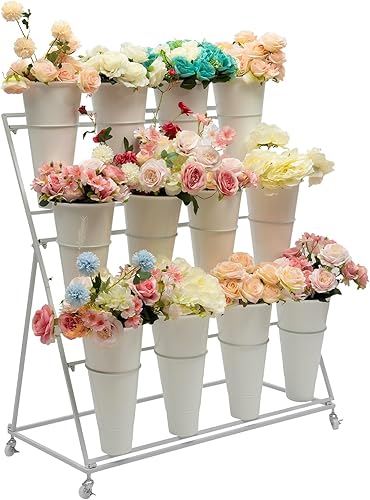 Miniatura 10 de Soporte de exhibición de flores con cubos y ruedas, estante de flores rodante de 3 niveles de metal para plantas interior y exterior para