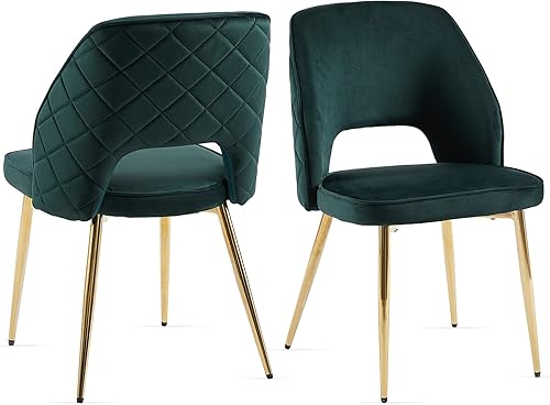 NORDICANA Juego de 2 sillas de comedor modernas, tapizadas de tela de terciopelo verde bosque con patas de metal dorado, sillas laterales redondas