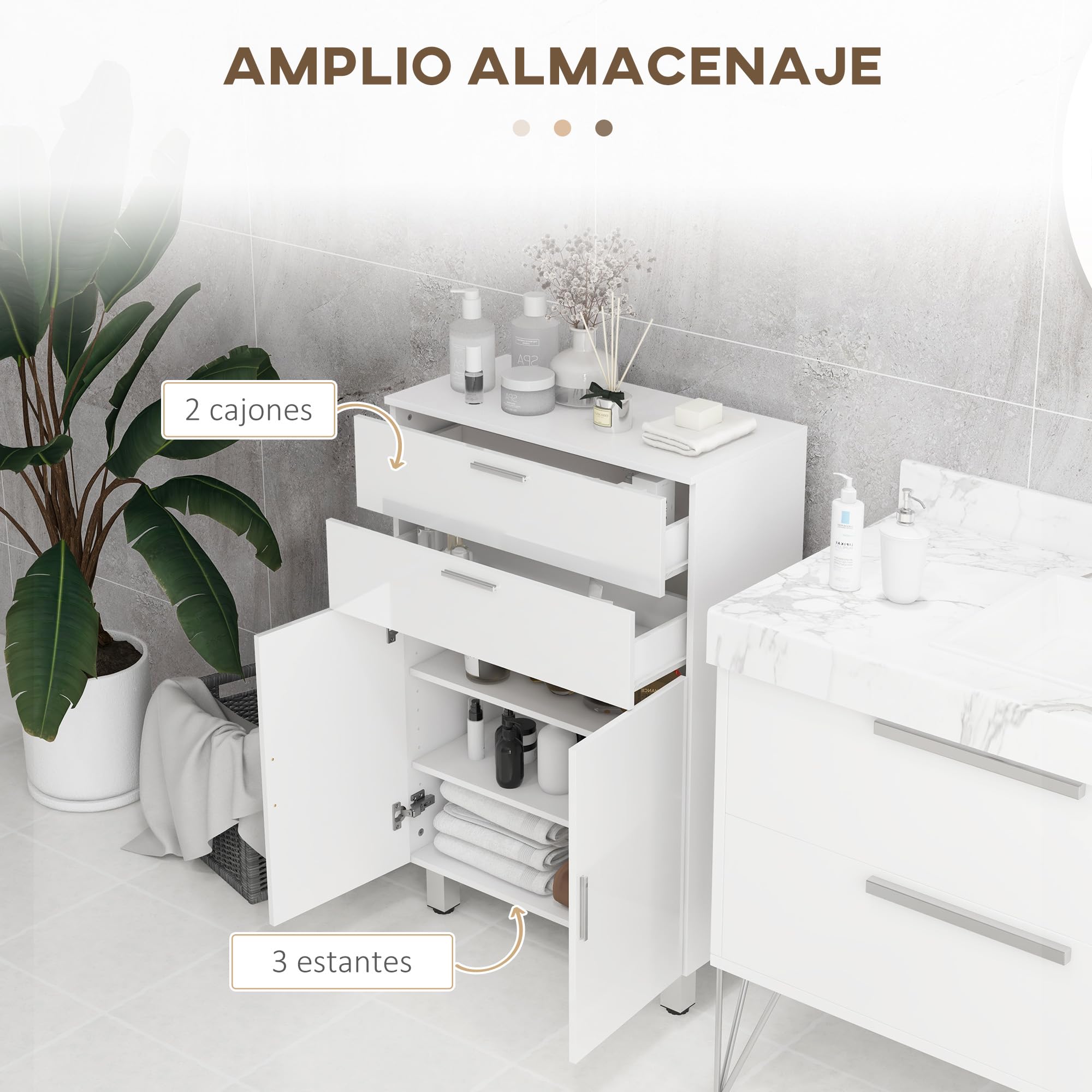 kleankin Mueble Auxiliar Baño Moderno Mueble de Baño con Estantes Ajustables y 2 Cajones Armario Mueble de Almacenaje para Dormitorio Salón Antivuelco Blanco Brillo Carga 35 kg 60x30x93 cm