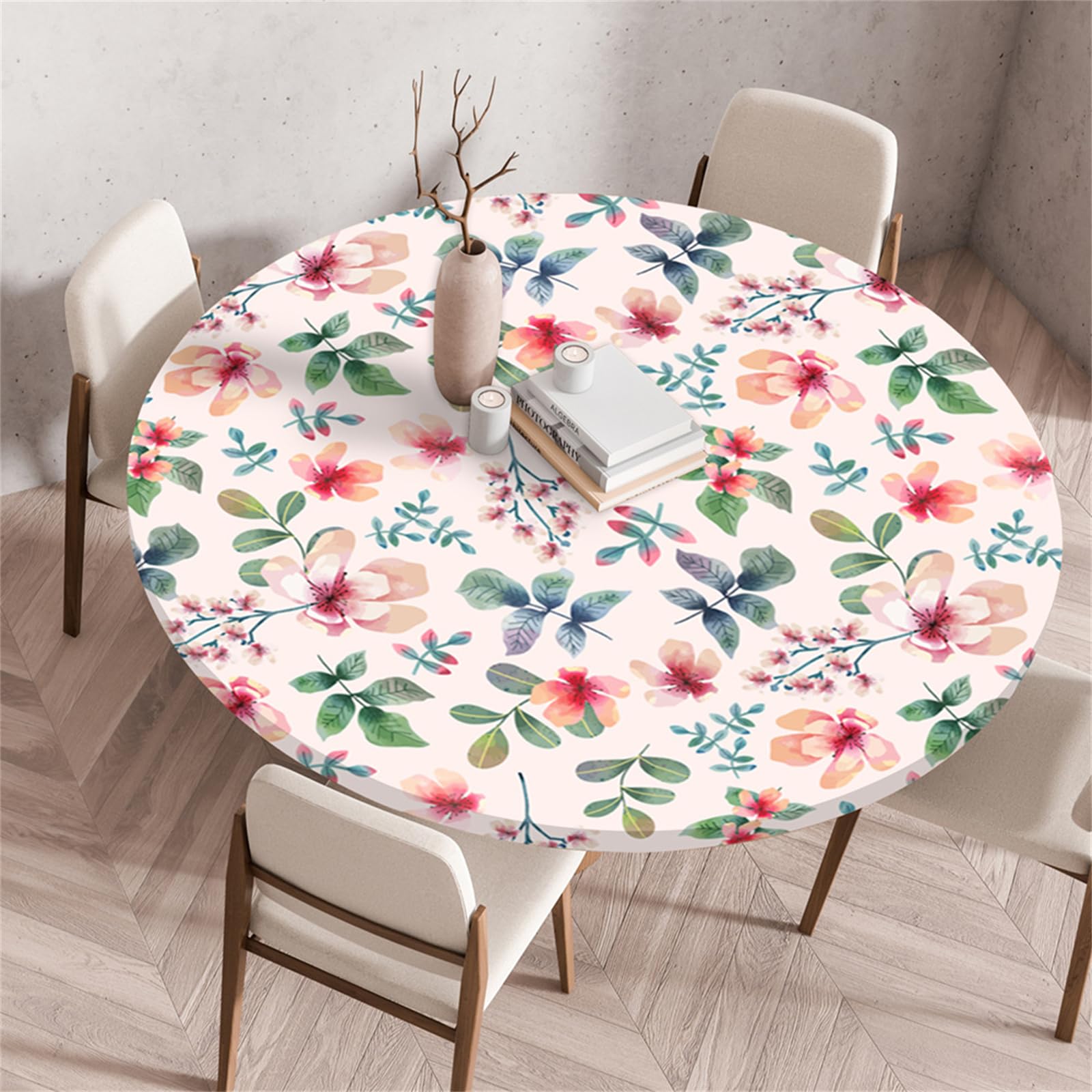 Muiuou Round Tablecloth, Waterproof Wipeable Table Cover Elastic Edge, Flower Printing Reusable Round Table Cover Cloth,Kitchen Fitted Restaurant Home Decoration (Diameter 100cm,Style 12)