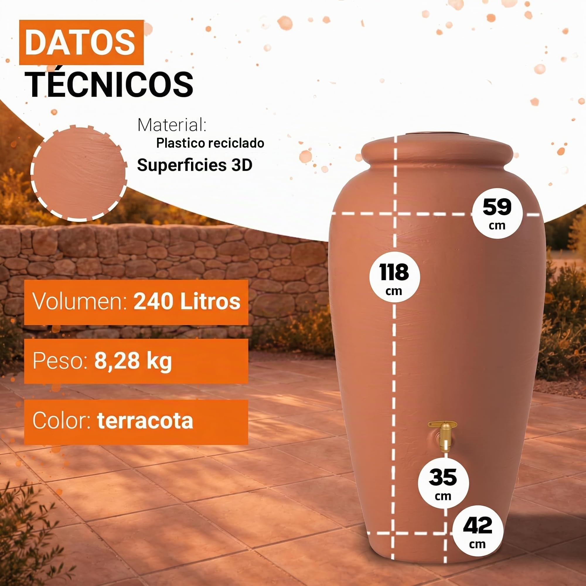 GARANTIA ánfora Set Completo 240 L Terracota Incl. Grifo de Salida de plástico y conexión al bajante