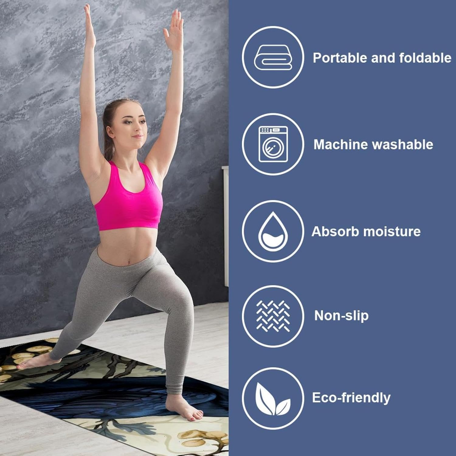 Yoga Towel, Black Crow Pattern Non Slip Sweat Absorbent Hot Yoga Mat Towel for Hot Yoga, Pilates and Fitness - 72.8" x 26.8"