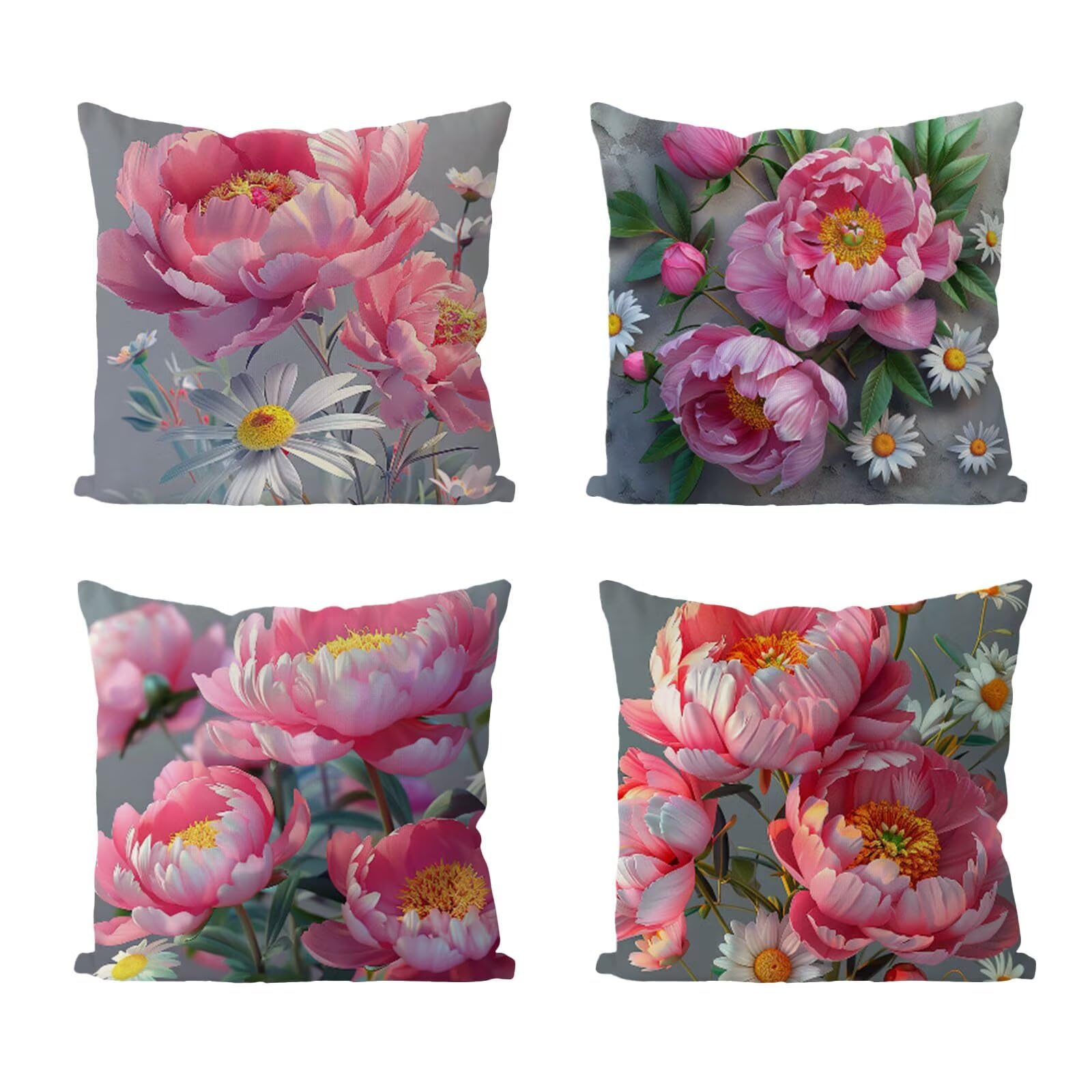 Kissenbezug 65x65 4er Set, Outdoor Kissen Rosa Sofakissen, Wasserdicht Kissenbezüge Pfingstrose Dekokissen mit Unsichtbarem Reißverschluss, Zierkissenbezüge für Schlafzimmer Sofa Stuhl Bett G1-145