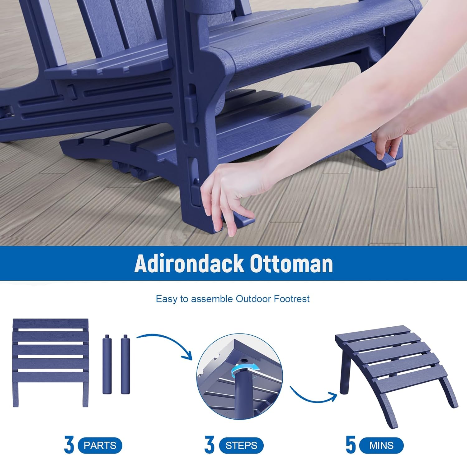 FONTOI Adirondack Ottoman, HDPE Plastic Adirondack Chair Footstool, All Weather Outdoor Footrest for Patio, Backyard, Lawn, Fire Pits, Navy Blue