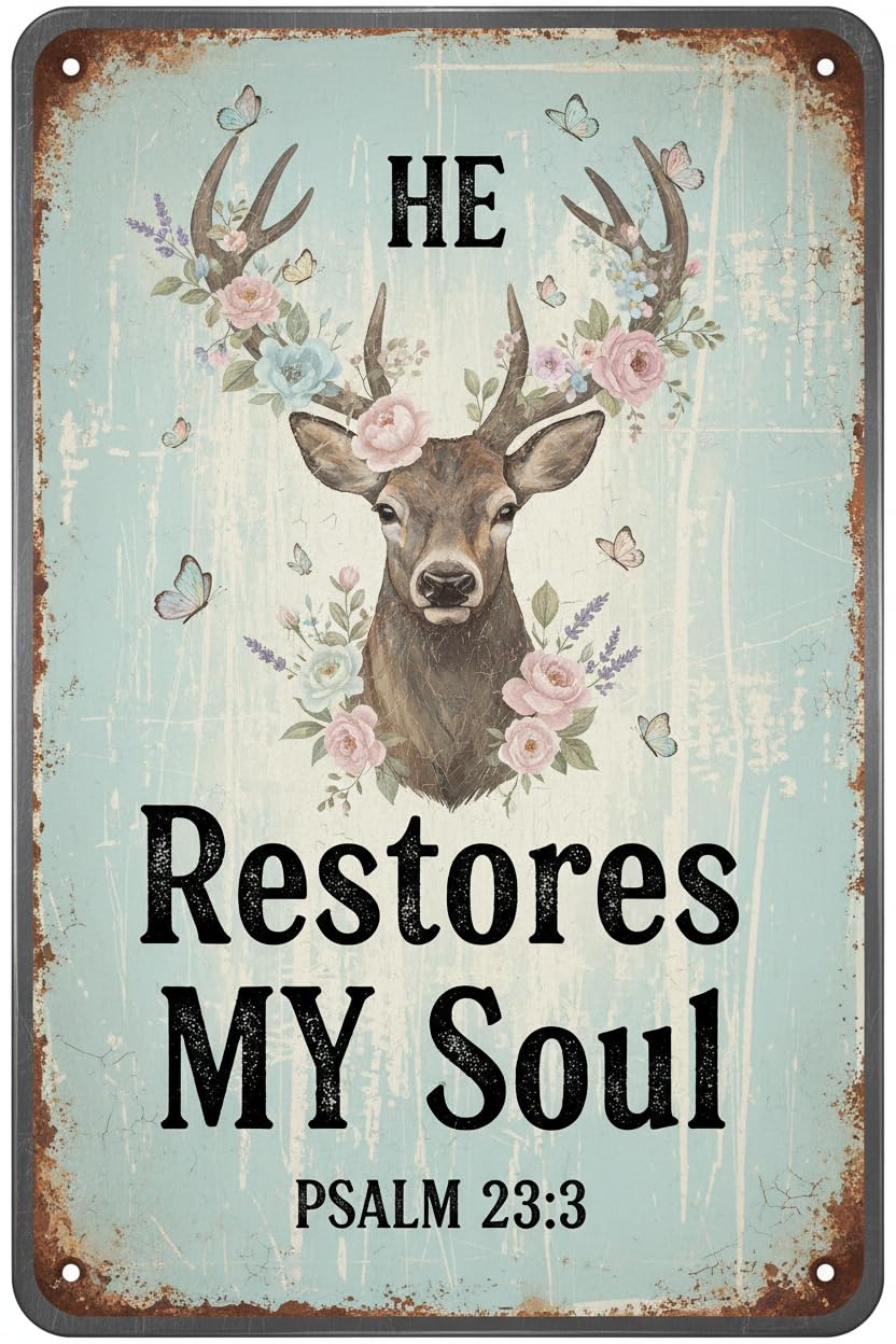 Deer Flower He Restores My Soul Tin Sign, 8x12 Inch