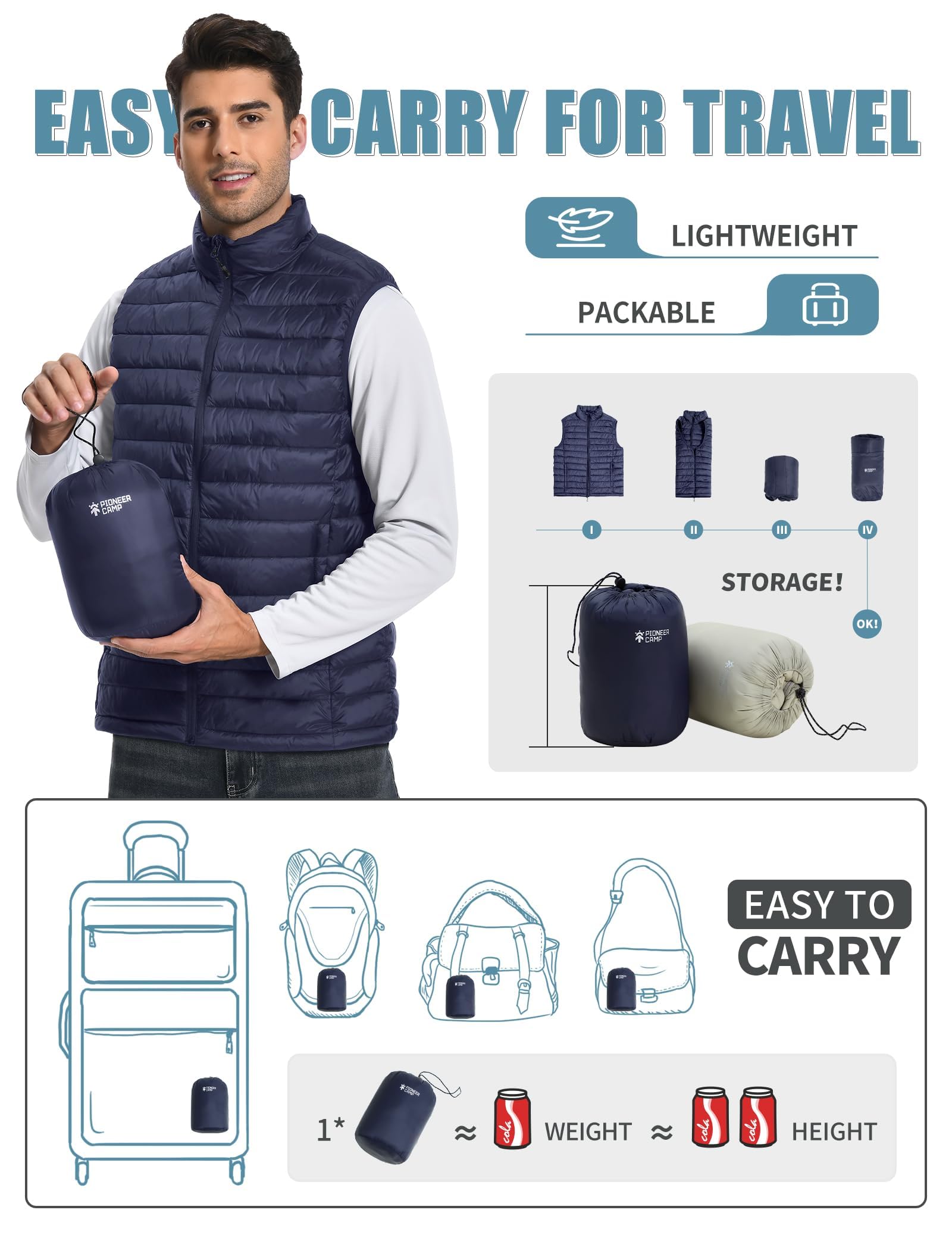 Pioneer Camp Herren Leichte Puffer Steppweste – Wasserabweisend, Packbar, Gefüttert – Outdoor Übergangswesten für Alltag, Arbeit, Sport & Reisen