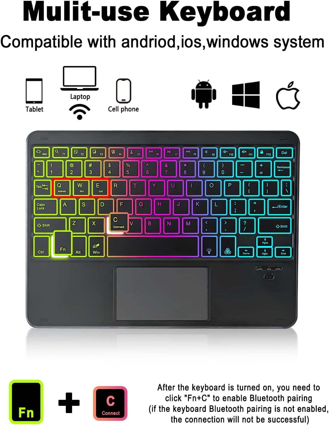 Universal Touchpad Keyboard Case for 9.7,10.1,10.2",10.5",10.9",11" ipad/Samsung Tablet, Rainbow Backlight TrackPad Keyboard with Type-C Charging Port fit 9.7-11 inch Android (Black) - Image 2