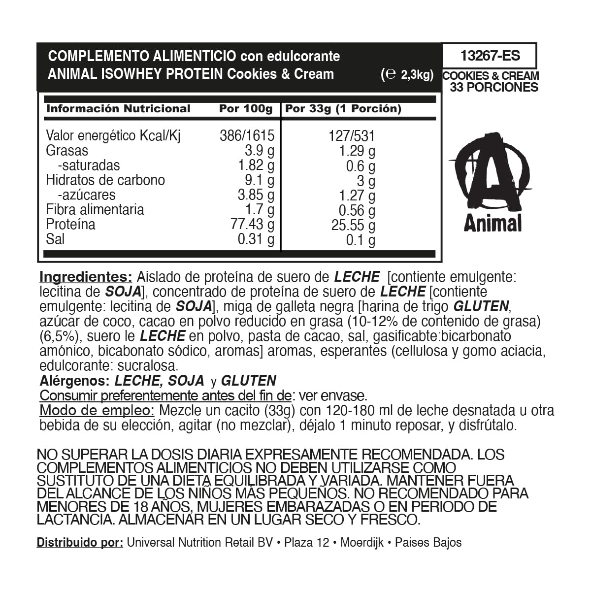 ANIMAL Isolate Whey Protein Pulver (cookies and cream) – con 25 g de proteína y 4,6 g de BCAA para el desarrollo muscular, batido de proteínas con aislados y diversos aminoácidos – 2,3kg