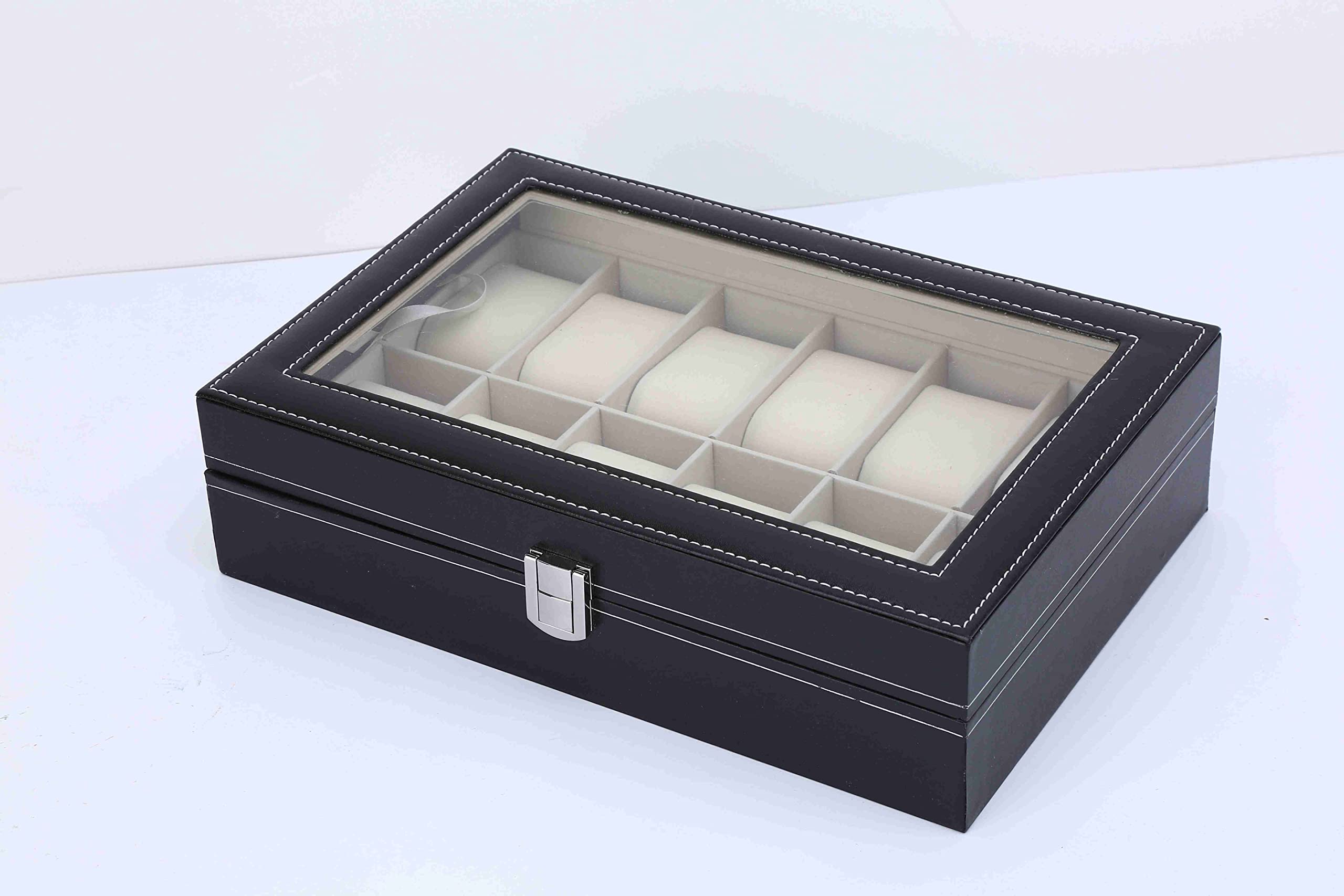 Caja de reloj de 12 ranuras con tapa de vidrio grande y almohadas de reloj extraíbles, organizador de relojes para hombres y mujeres
