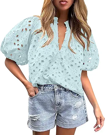 BETTE BOUTIK Women's Long Short Sleeve Tops 2025 Dressy Casual Button Hollow Out Lace Embroidered Blouses Shirts