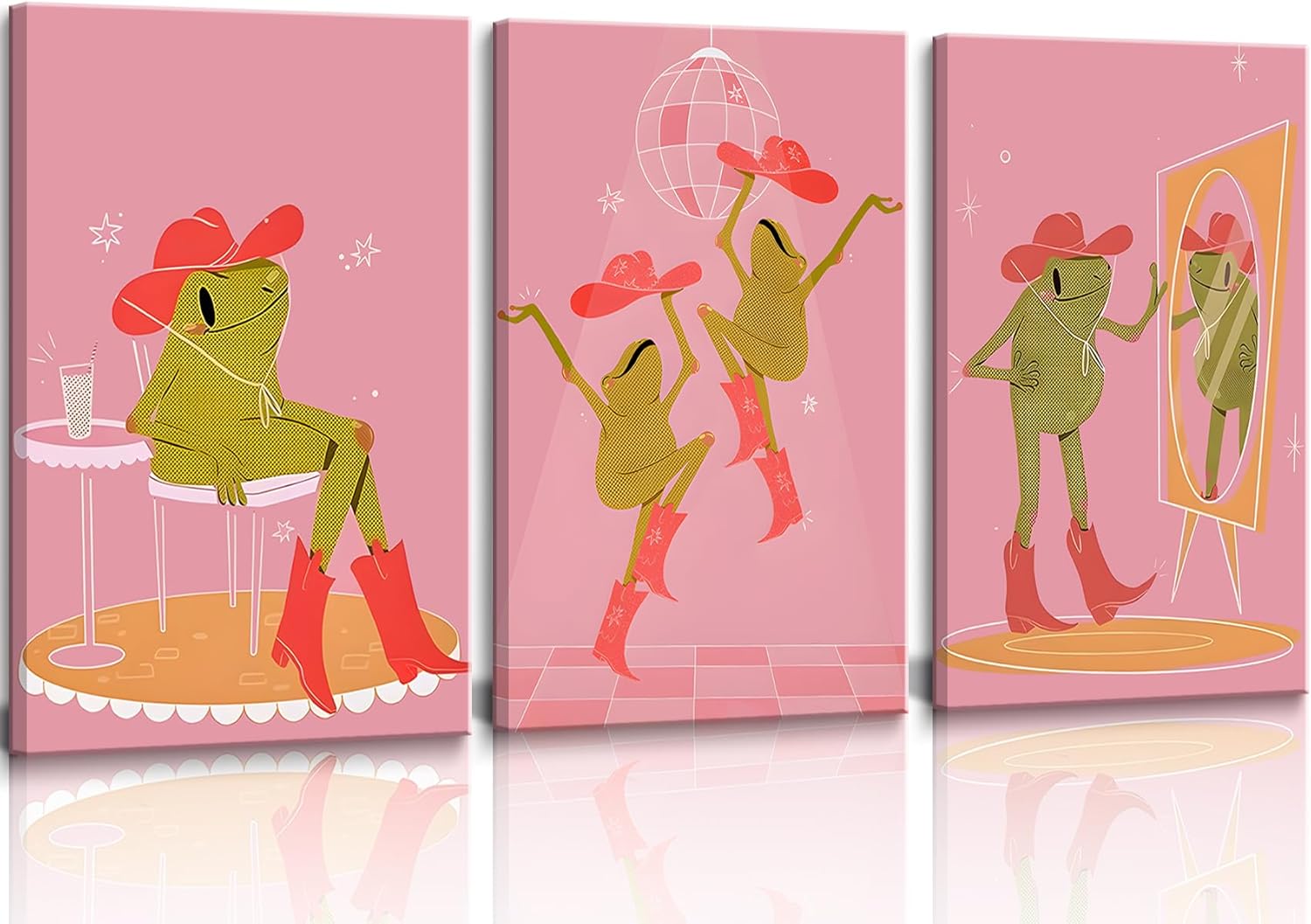 3pcs Trendy Cute Green Frog Canvas wall Art Funny Animal Picture Frog Cowgirl Pink Poster Dancing Room Aesthetic Painting Wall Decor Vintage Cow Girl Boots Printed Matter forBathroom16X24inFramed 16x24inx3canvas green frog art