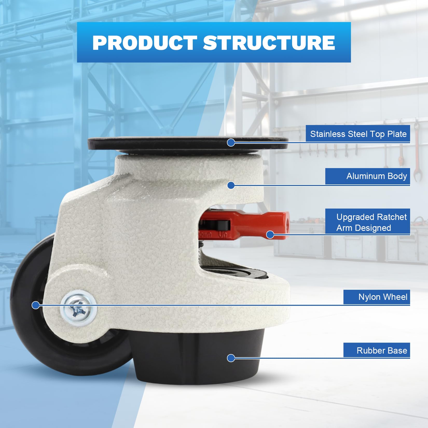 W B D WEIBIDA Roulettes pour Meubles Lourd avec Poignée À Cliquet Réglable, Max 1000KG Roulette pour Meuble Pivotantes À 360 Degrés, Roulette Charge Lourde Pour Etabli, Machine, Equipement, lot de 4