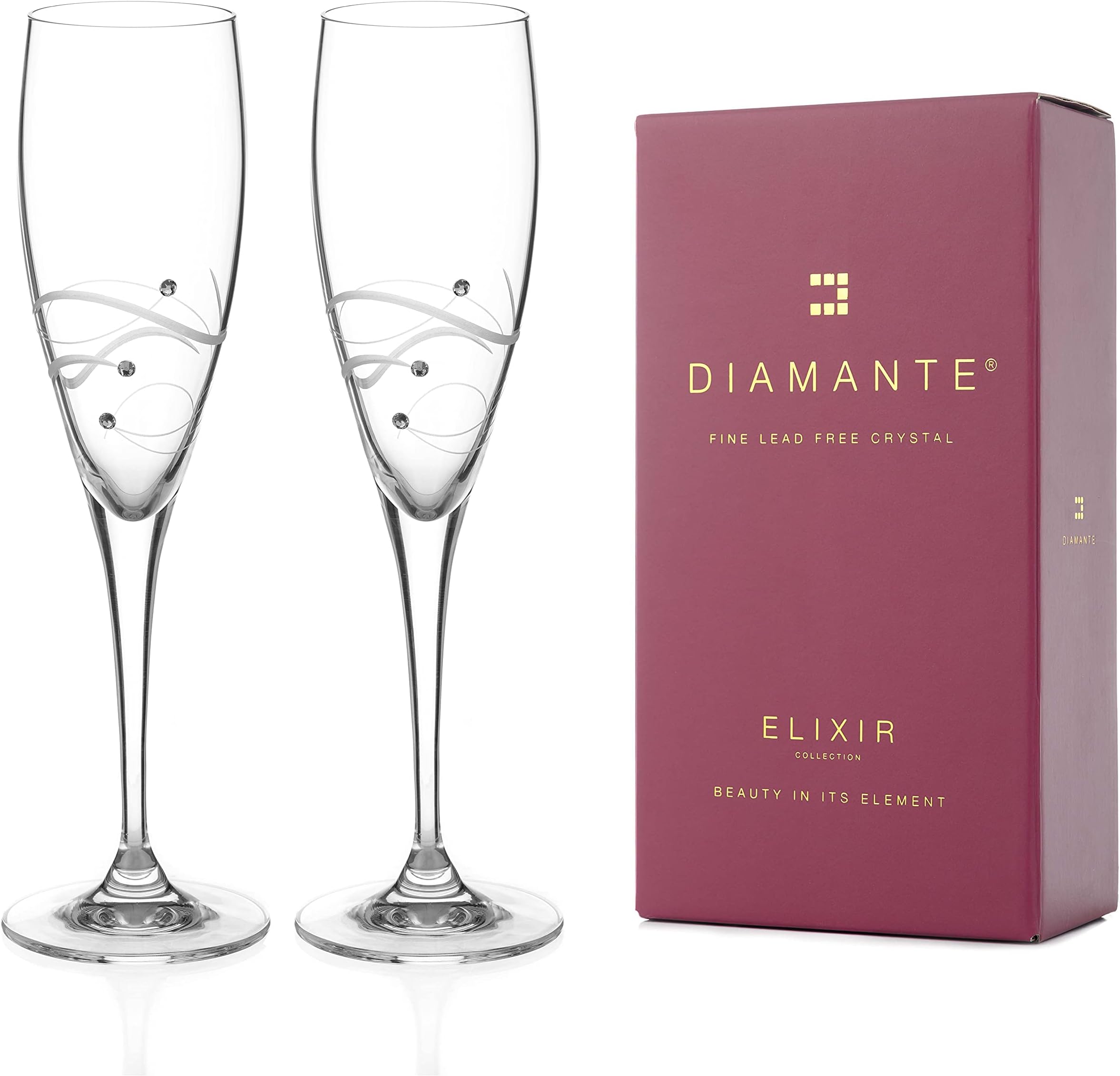 DIAMANTE Swarovski Champagne Flutes Prosecco Glasses Pair 'Chelsea Spiral' - Set of 2