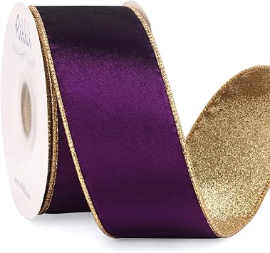 Ribbli Purple Velvet Ribbon Wired 2.5 Inch Glossy Velvet with Gold Glitter Christmas Ribbon for Christmas Tree Decoration Big Bow Gift Wrapping Crafts Wreaths Supplies - Continuous 10 Yards