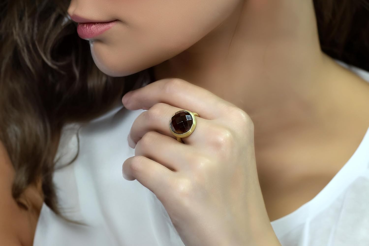 Smoky Quartz Bezel Ring - Solid Yellow Gold Statement Jewelry - Dark Brown Gemstone