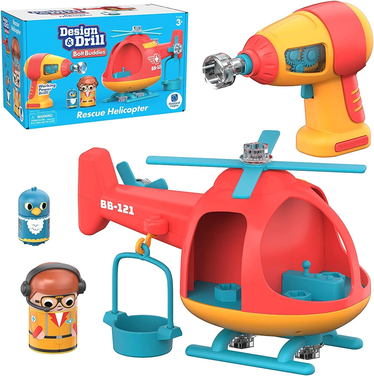 Learning Resources Design & Drill Bolt Buddies Rescue Helicopter - Fine Motor Development Building Toy