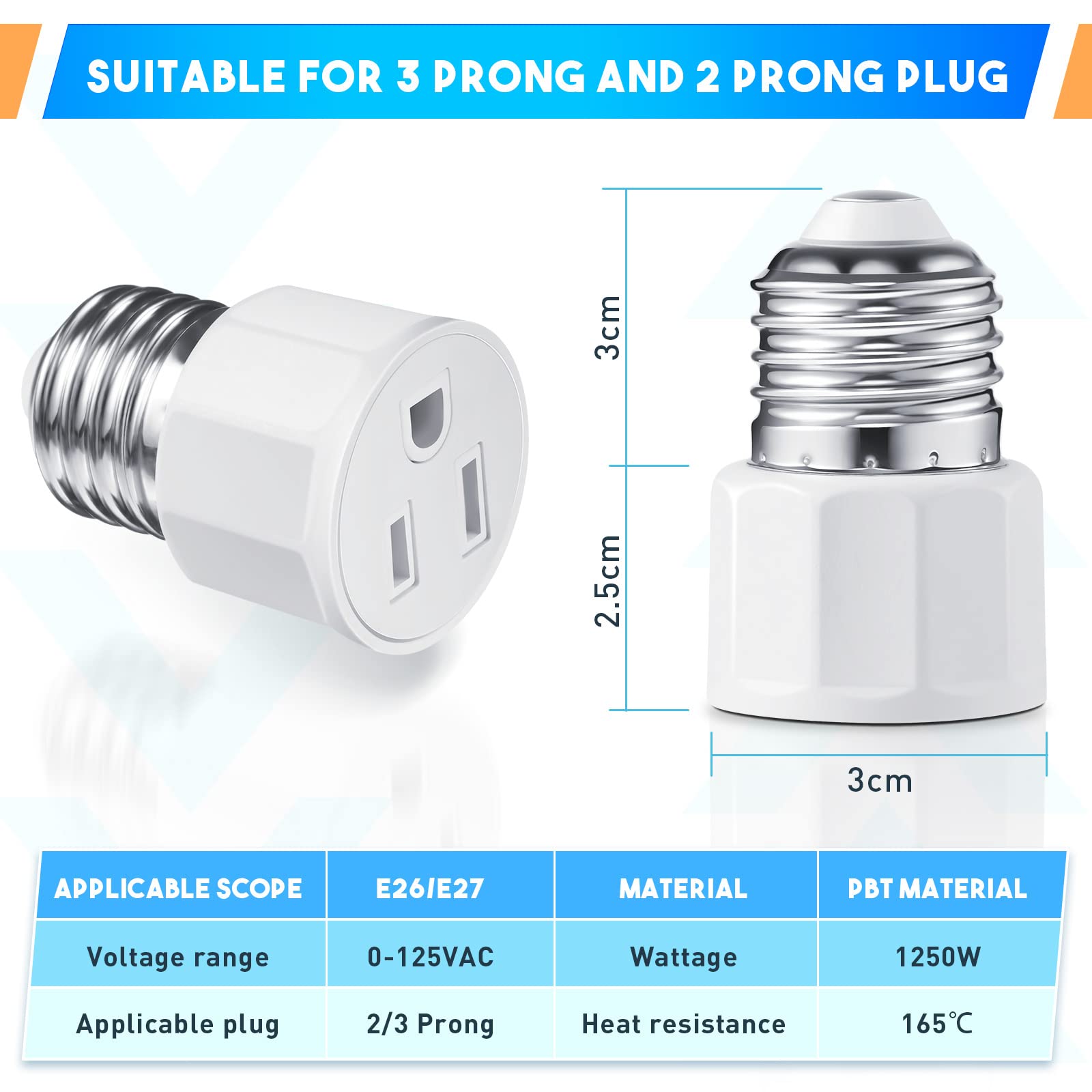 E26/E27 3 Prong Light Bulb Socket Adapter, Polarized Light Socket