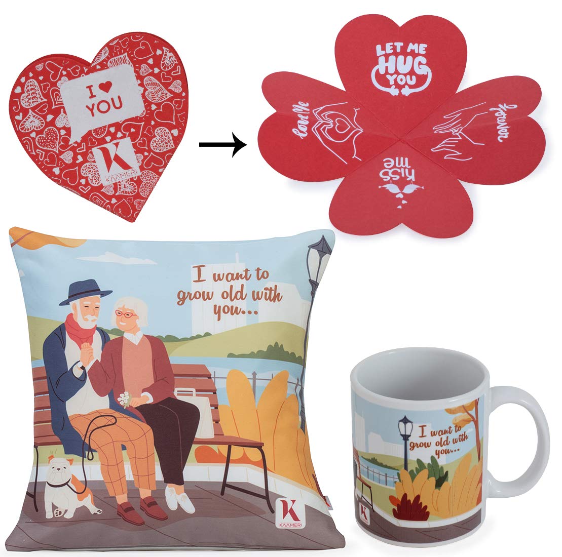 Next Bazaar Valentines Day Gift, i Want to Grow Old with You Quote Printed Cushion Cover with Filler(Red 12 x 12) and Ceramic Coffee Mug