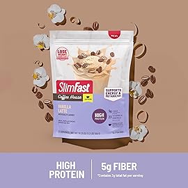 SlimFast High Protein Meal Replacement Powder, Caffeine Protein Powder, Energizing Protein Mix, Vitamin and Mineral Blend, Gluten Free, Coffee Flavored Protein Powder, Vanilla Latte, 21 Servings
