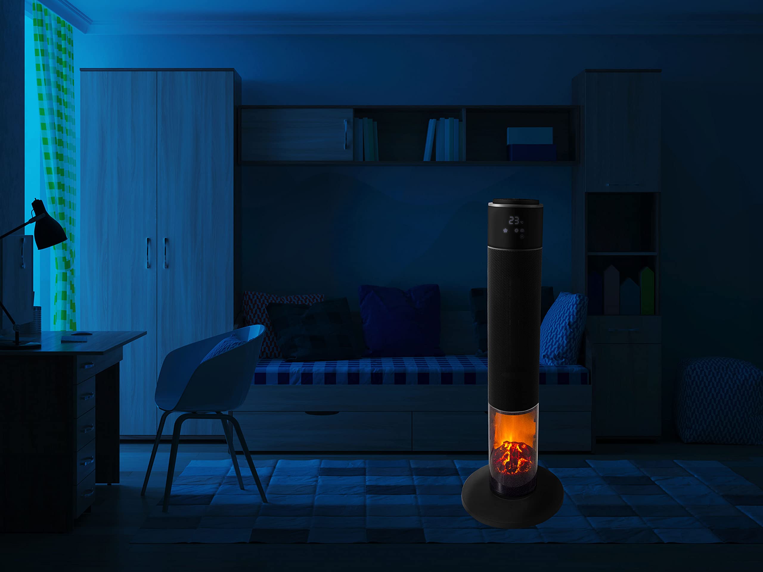 BEPER P203TER001 Termoventilatore Ceramico a Colonna con Telecomando, Timer e Oscillazione Automatica - Termoventilatore Basso Consumo con Luce LED ad Effetto Fiamma, Nero