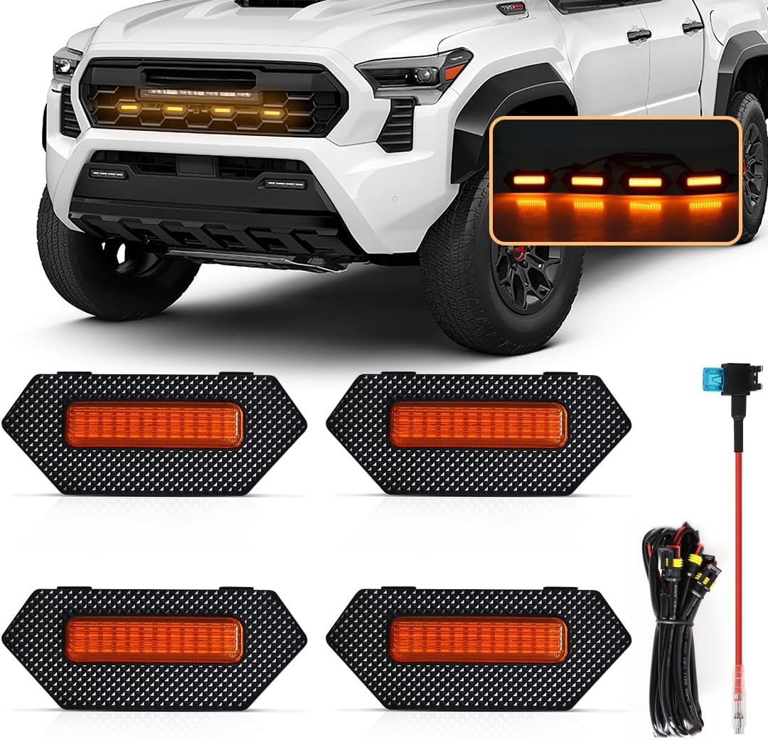 Amber LED Grille Lights for Tacoma TRD Pro/Trailhunter 2024 2025, 4Pcs Front Grill Light Kit with Wire Harness and Fuse