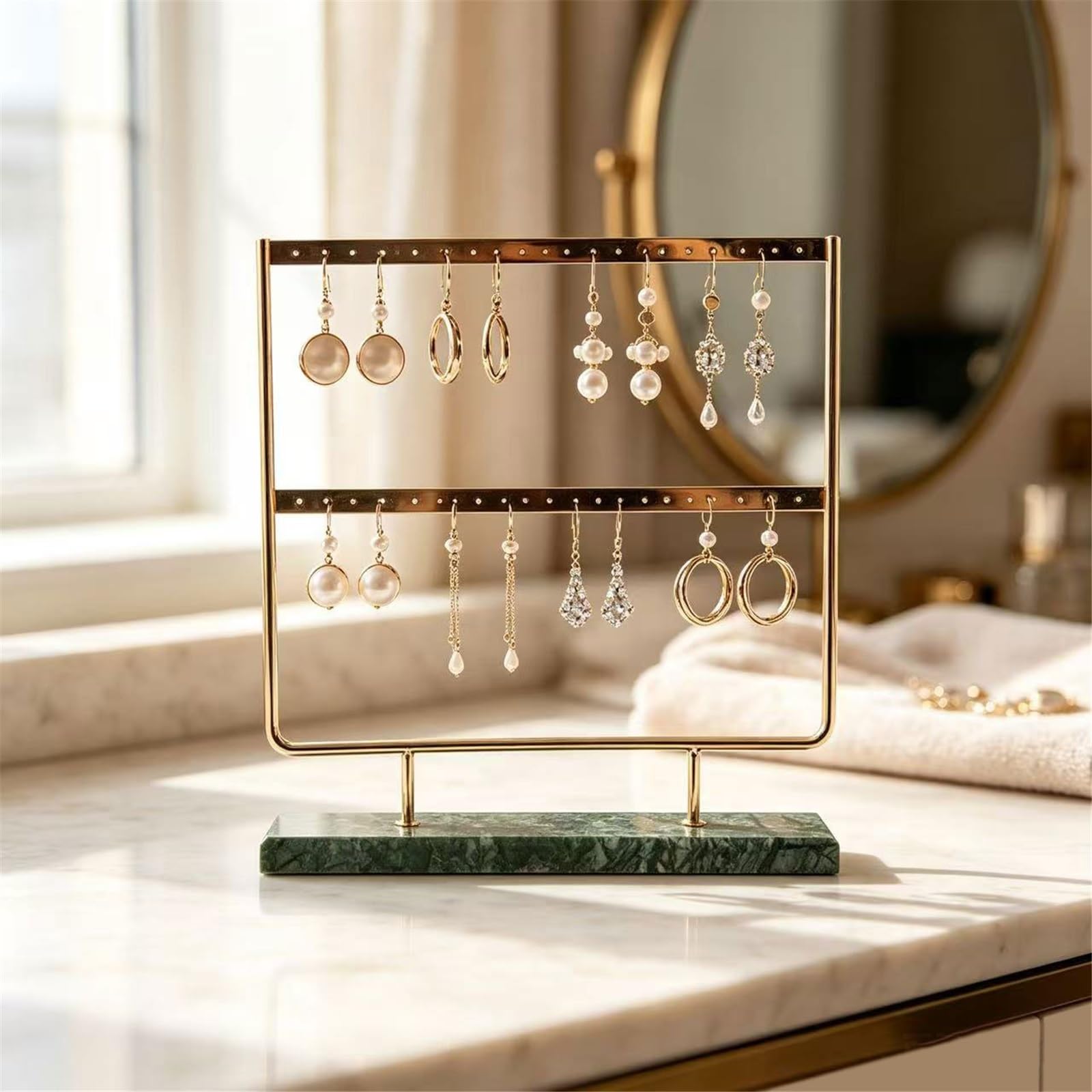 Soporte de joyería 2-Tier Metal Earring Display Stand with Marble Base Organizador de Joyas