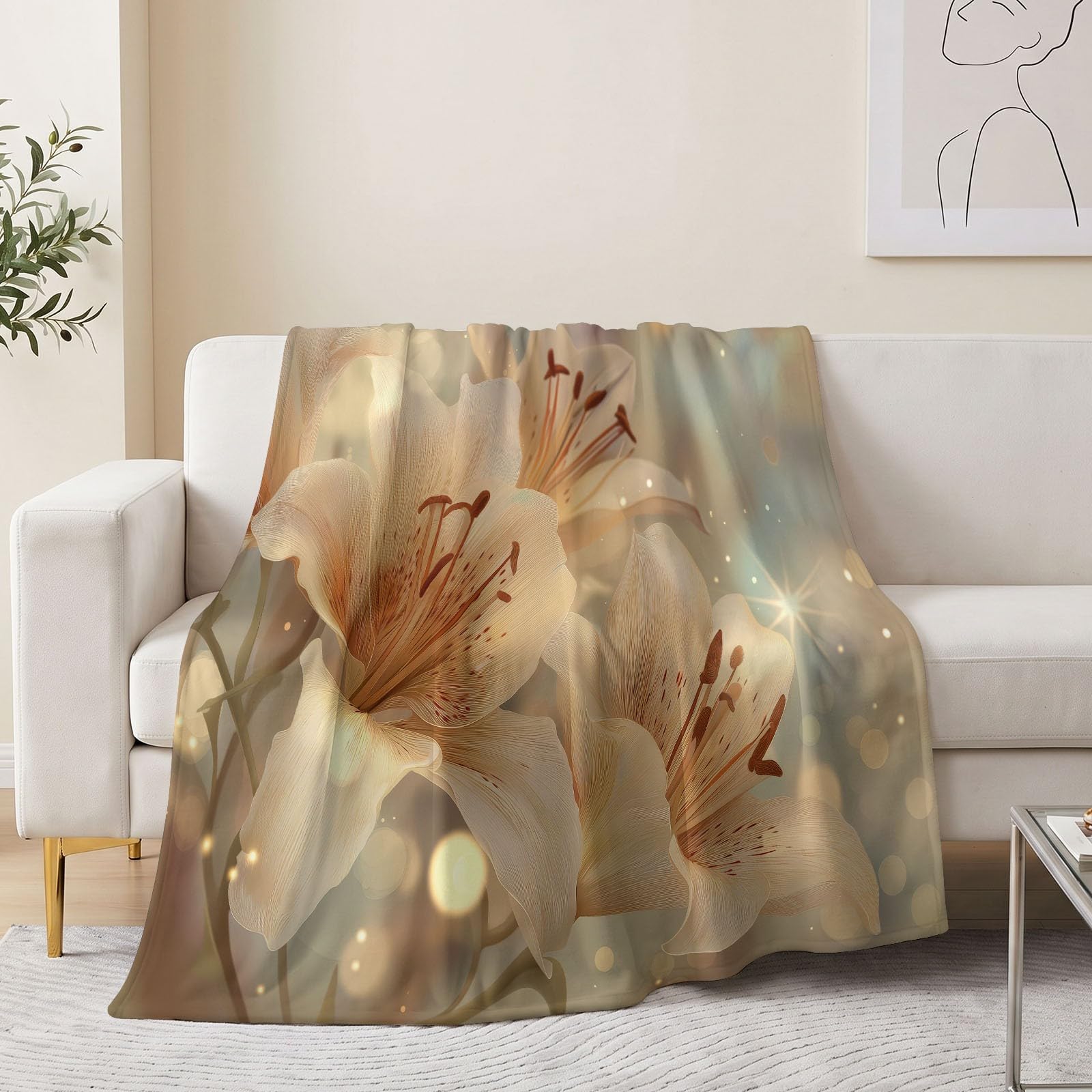 Manta de forro polar de franela suave y acogedora de 180 x 200 cm, diseño de flores, color beige