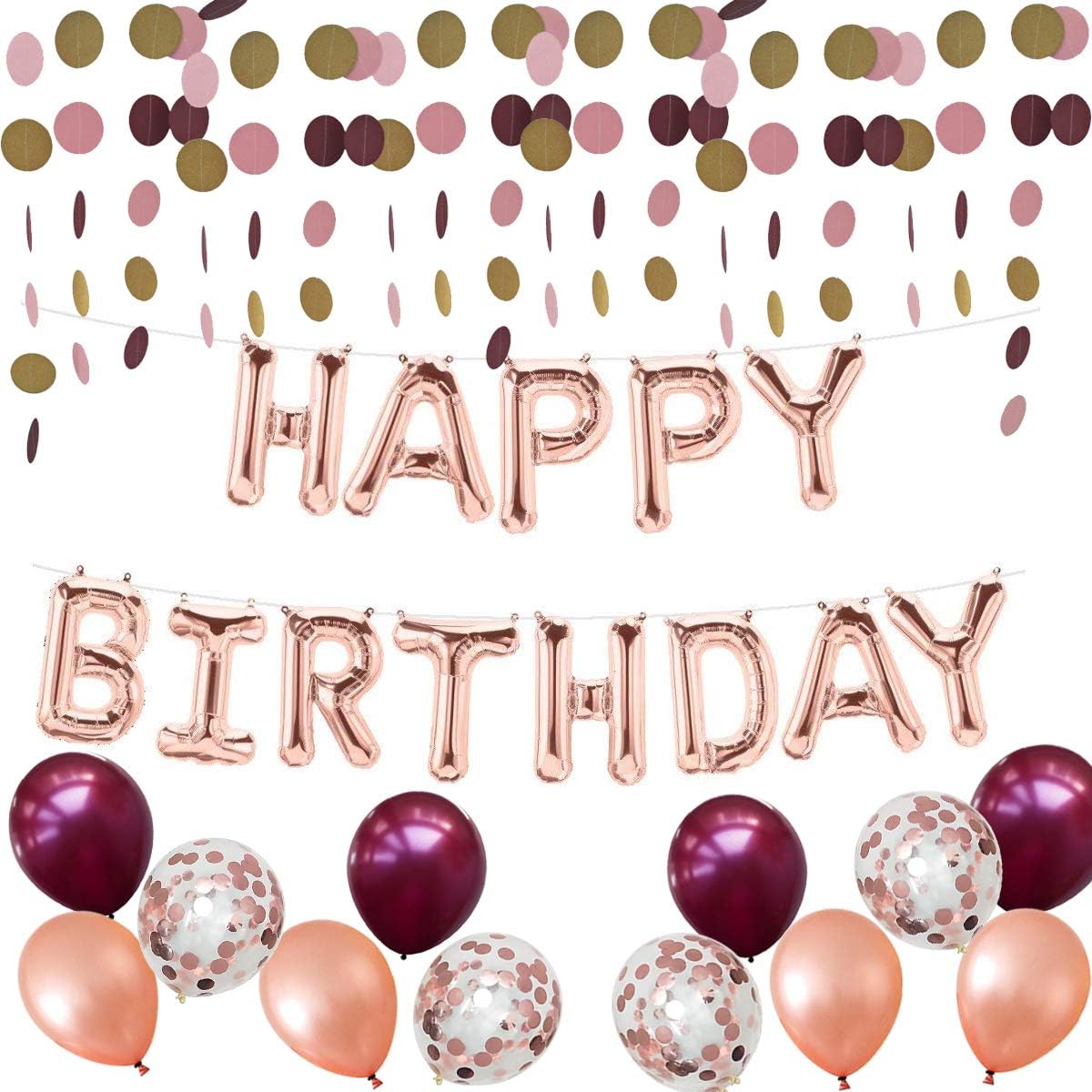 Happy Birthday Mylar Banner,Burgundy Rose Gold Confetti Latex Balloons,Dots Paper Garland,27 Count