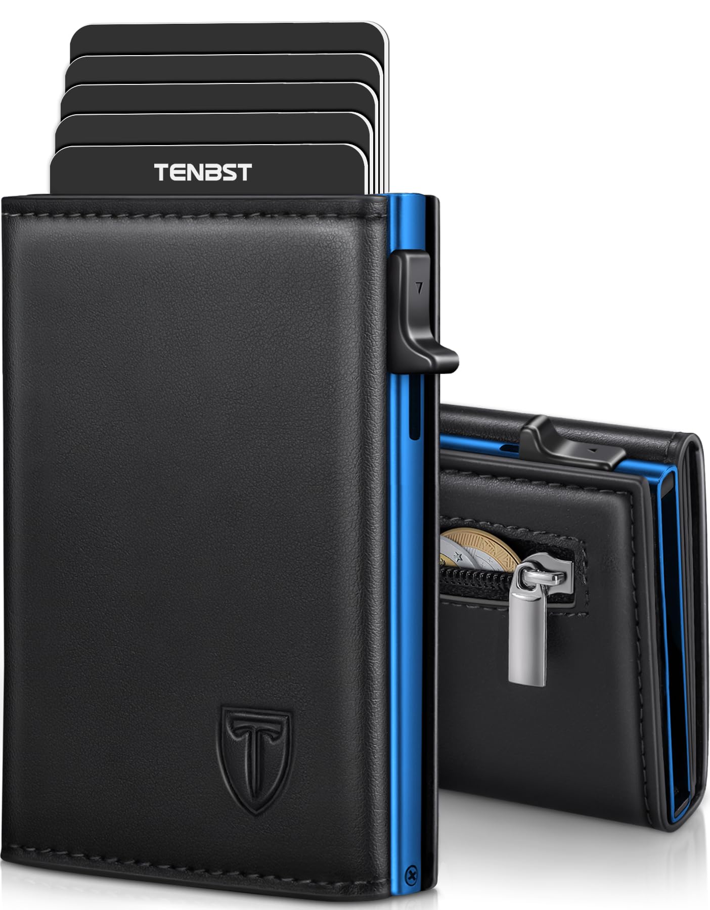 TENBST Geldbörse Herren, Premium Portmonee Herren mit RFID Schutz, Slim Geldbörse Münzfach, Kartenetui mit 10 Fächern, smart Wallet，Geschenke zum Vatertag - Blau-Schwarz