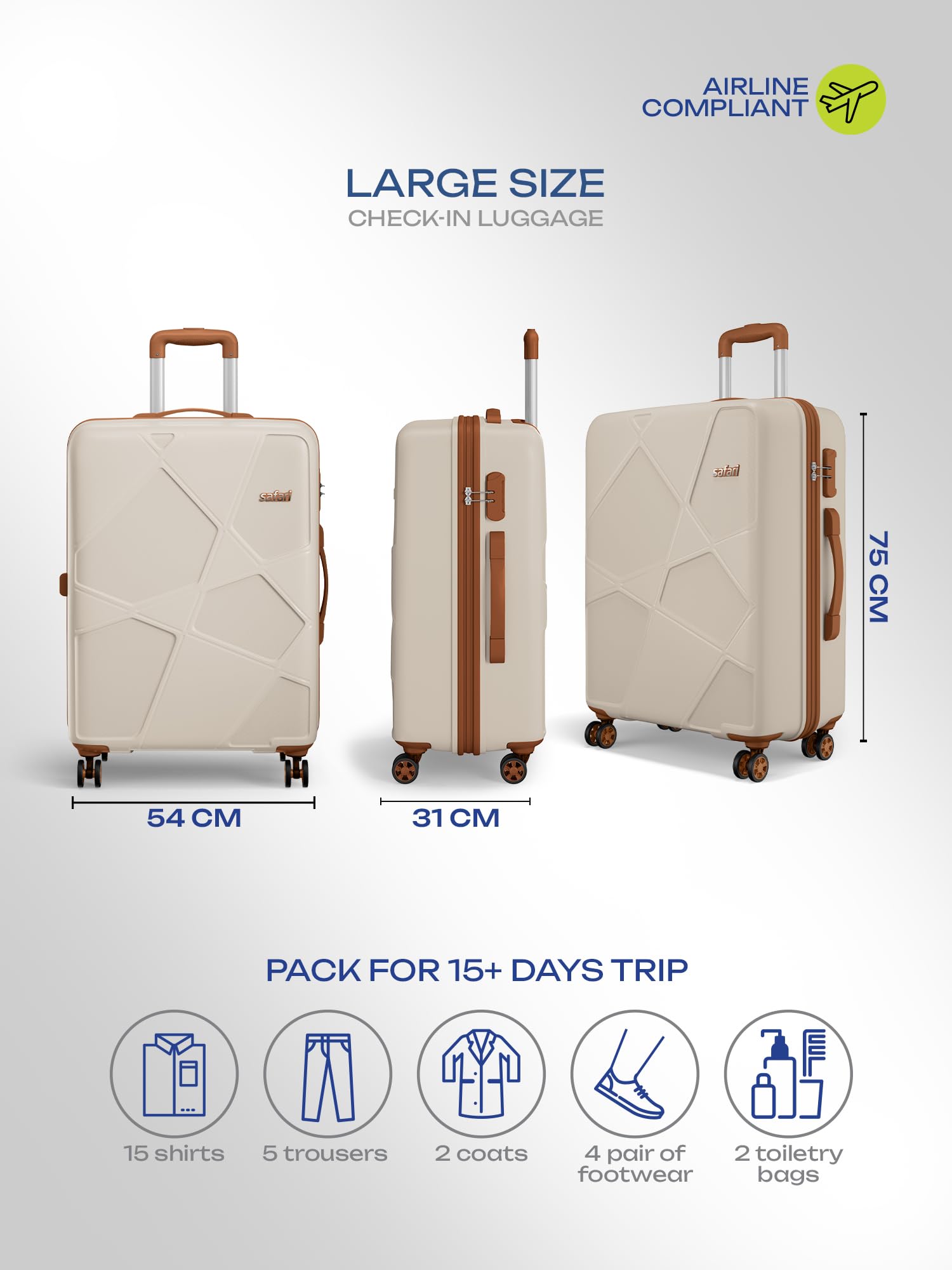 Safari Pentagon Pro 8 Wheels 75cm Large Size Trolley Bag, Hard Case Polypropylene, 360º Wheeling Check in Luggage, Suitcase for Travel, Trolley Bags for Travel, Luxury Beige — Amazon image 6