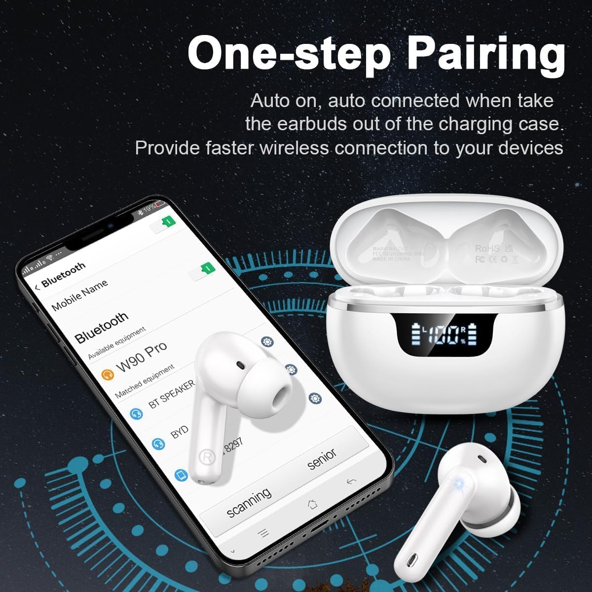 Auriculares Inalambricos, In-Ear Auriculares Inalambricos Bluetooth 5.4 con 4 HD Mic Cancelacion Ruido, 45H Estéreo HiFi Cascos Inalambricos Bluetooth Pantalla LED/IP7 Impermeable/Carga Rápida Tipo-C