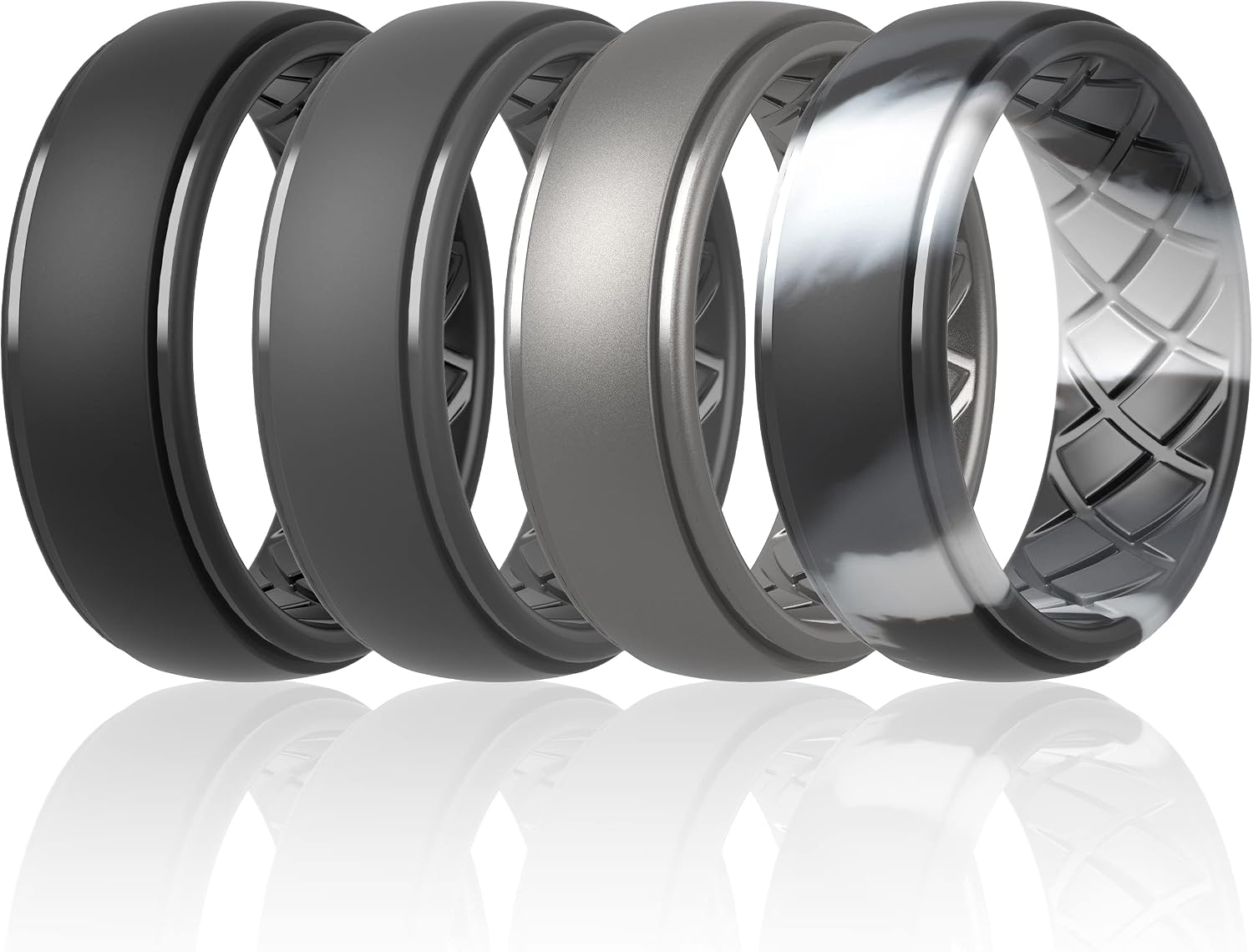 ThunderFit Men Silicone Wedding Rings, Breathable Criss Cross Pattern Engagement Bands 8mm Wide 2mm Thick - 1/4/7 Variety Multipack